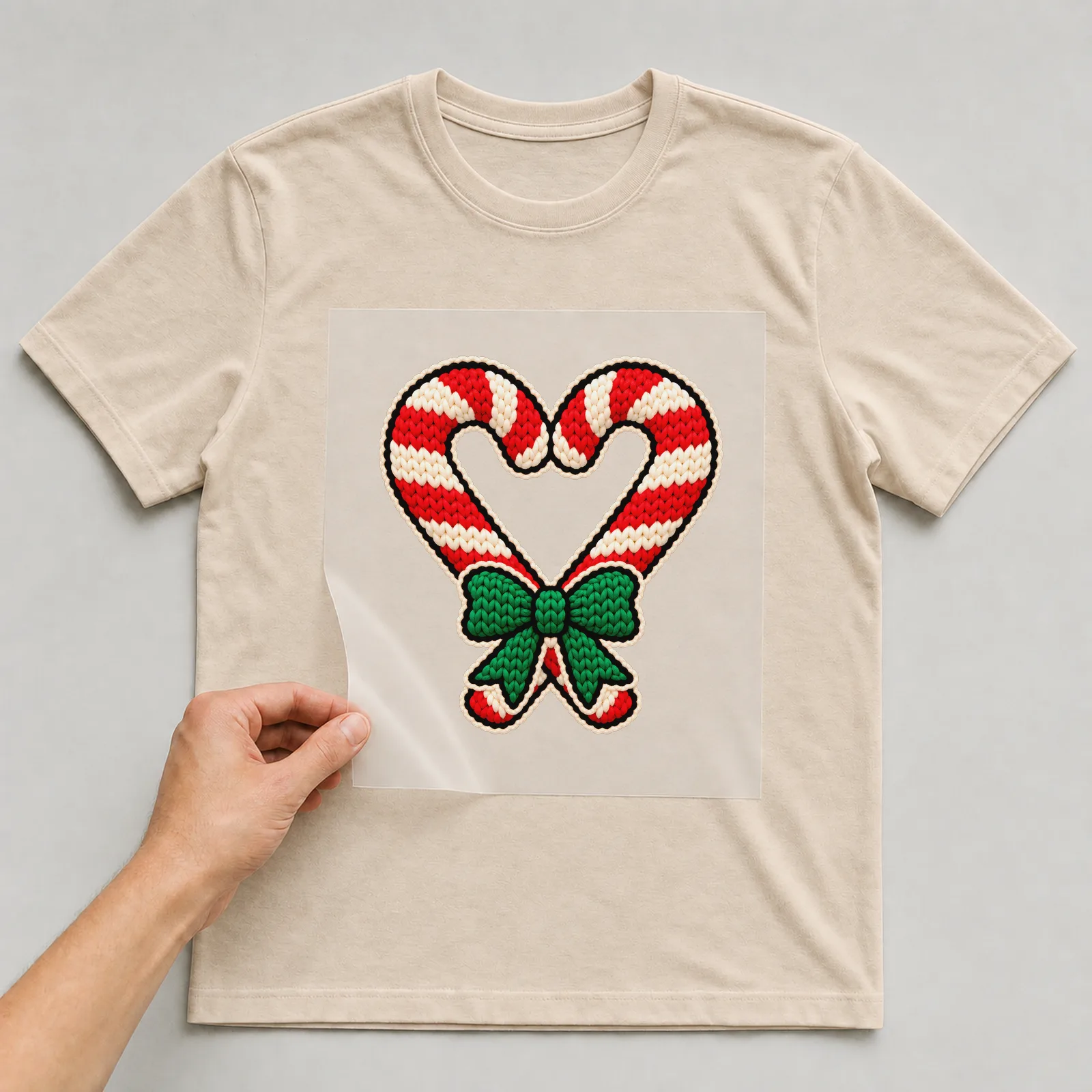 Bügelbild Zuckerstangen-Herz auf beigem T-Shirt, Folie wird aufgelegt