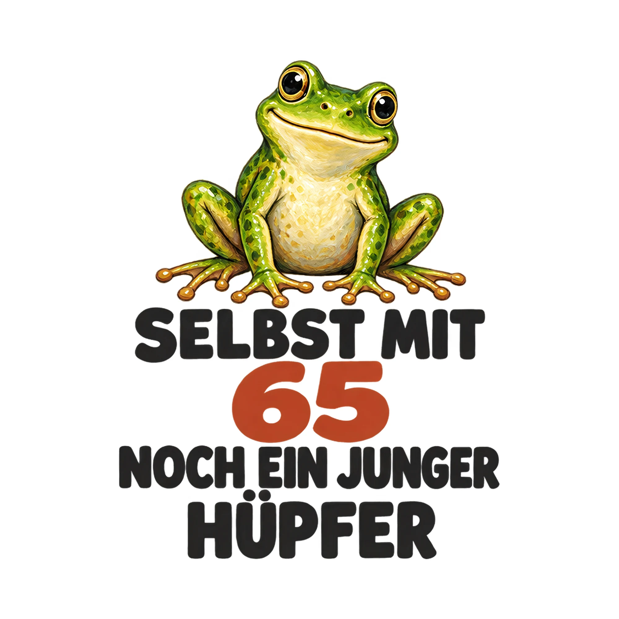 Bügelbild Selbst mit 65 noch ein junger Hüpfer, Lustiger Shirt Spruch als Grafik auf weißem Hintergrund (BB018200)