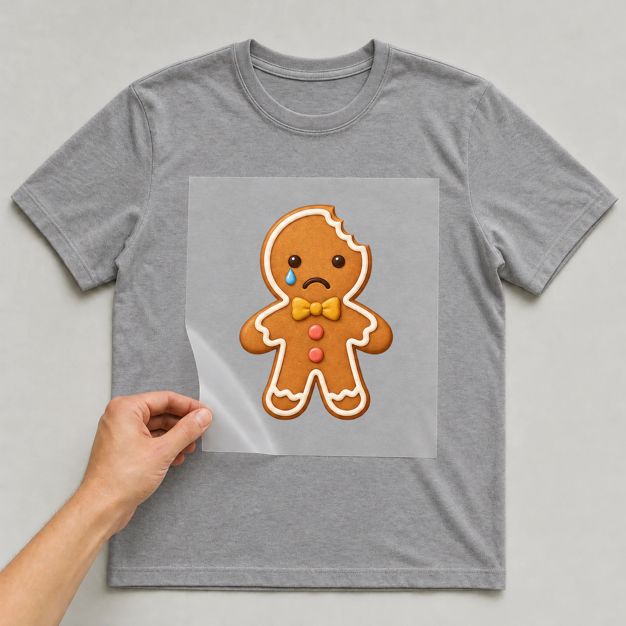 Bügelbild „Angebissener Lebkuchenmann“ auf grauem T-Shirt, Folie wird aufgelegt