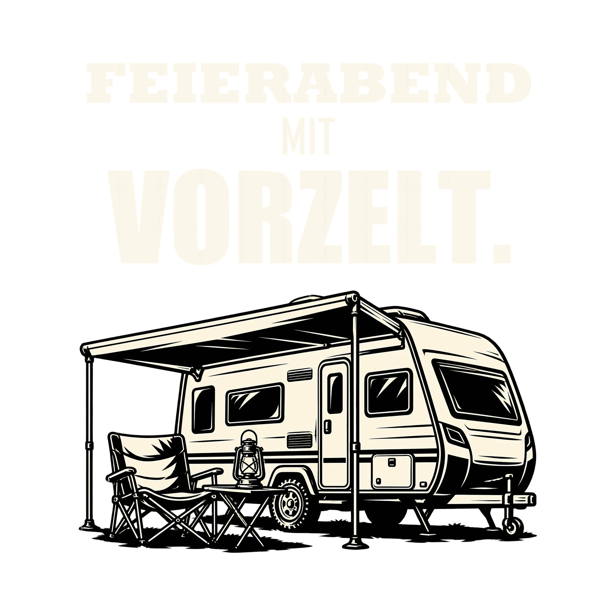 Bügelbild FEIERABEND MIT VORZELT. als Grafik auf weißem Hintergrund (BB012763)