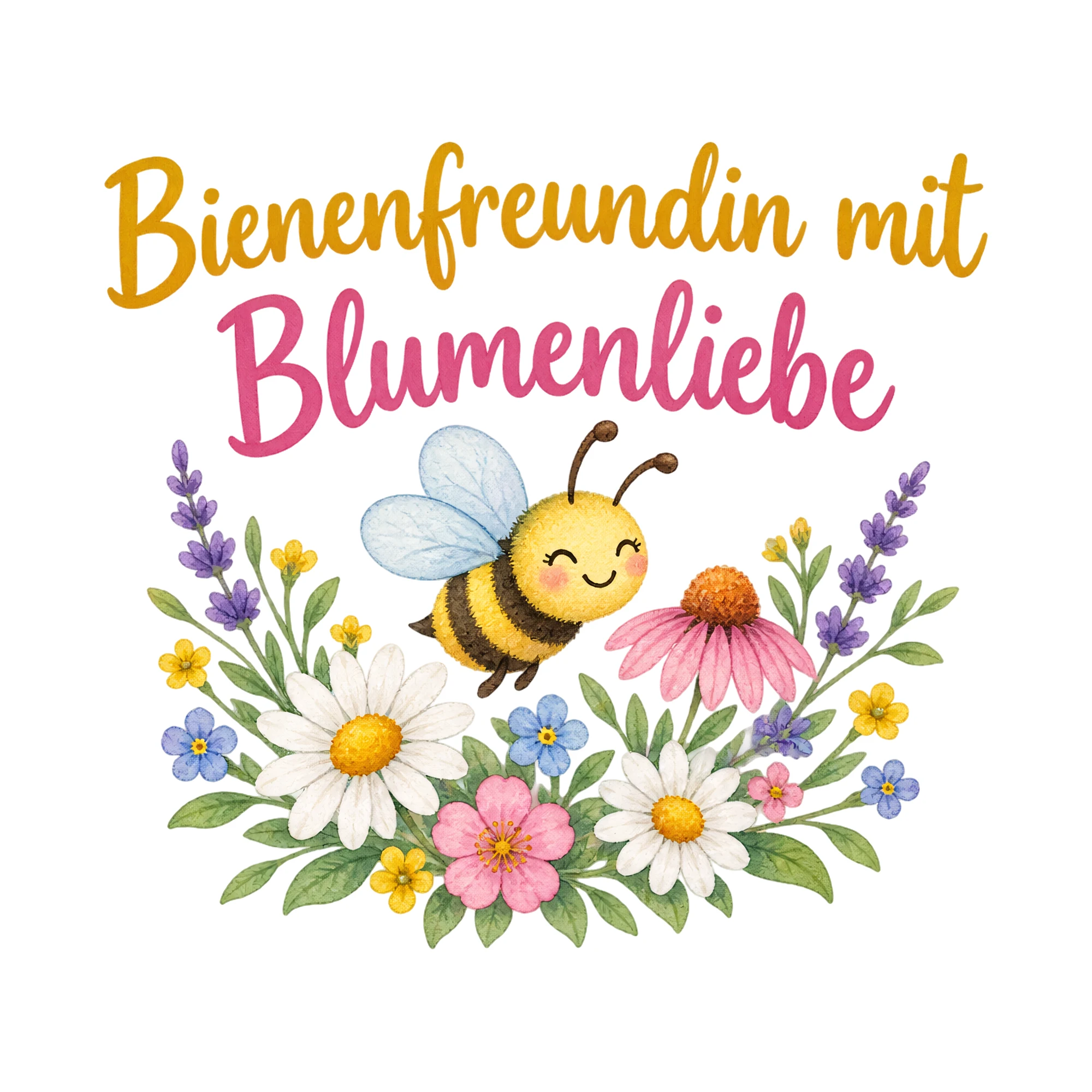 Bügelbild Bienenfreundin mit Blumenliebe als Grafik auf weißem Hintergrund (BB019778)