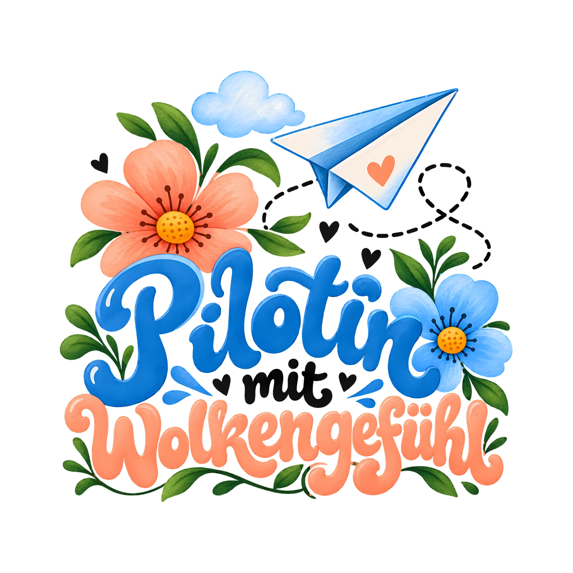 Bügelbild Pilotin mit Wolkengefühl als Grafik auf weißem Hintergrund (BB012319)