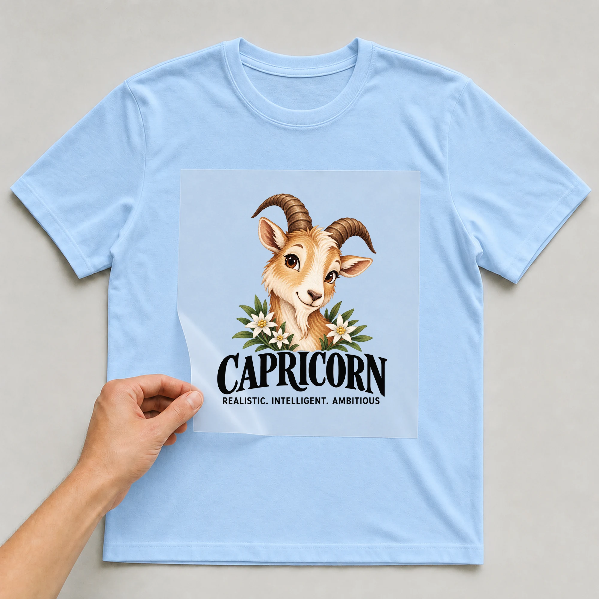 Bügelbild „Capricorn Realistic. Intelligent. Ambitious“ auf babyblauem T-Shirt, Folie wird aufgelegt