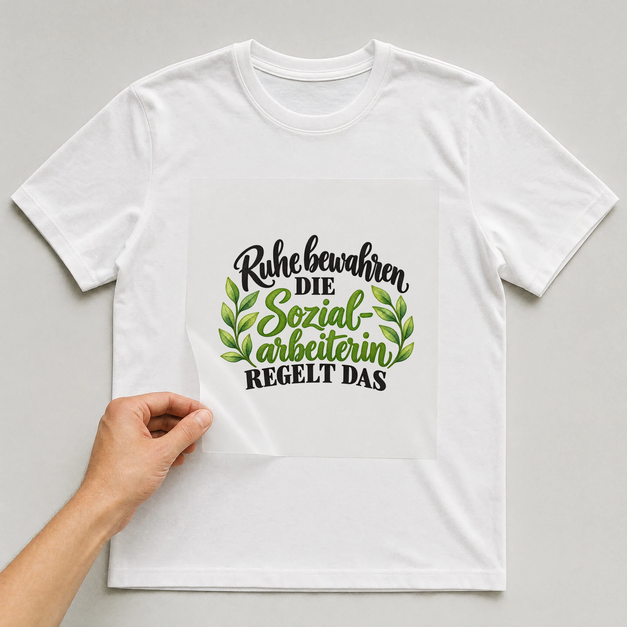 Bügelbild „Ruhe Bewahren Die Sozial- Arbeiterin Regelt Das“ auf weißem T-Shirt, Folie wird aufgelegt