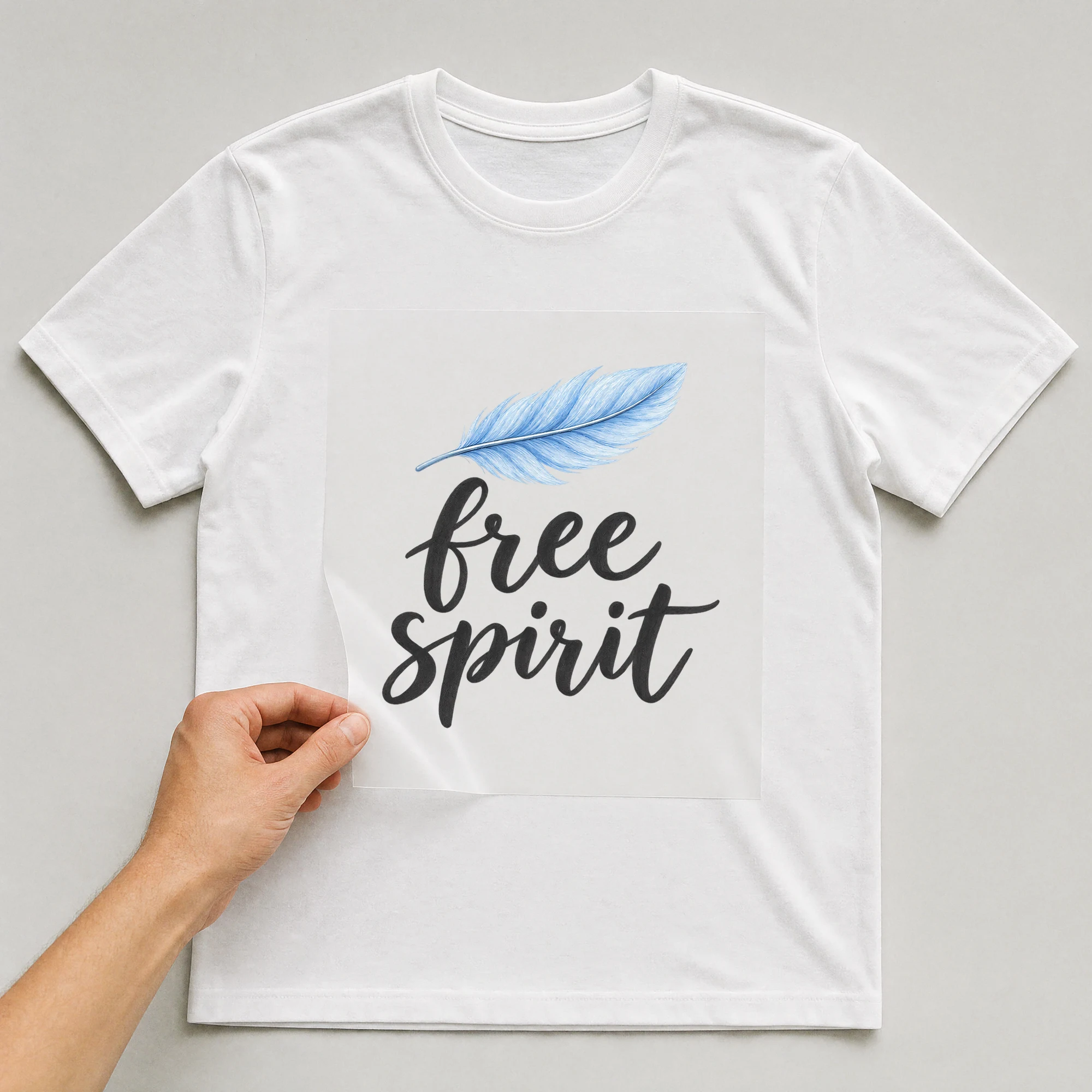 Bügelbild „free spirit“ auf weißem T-Shirt, Folie wird aufgelegt
