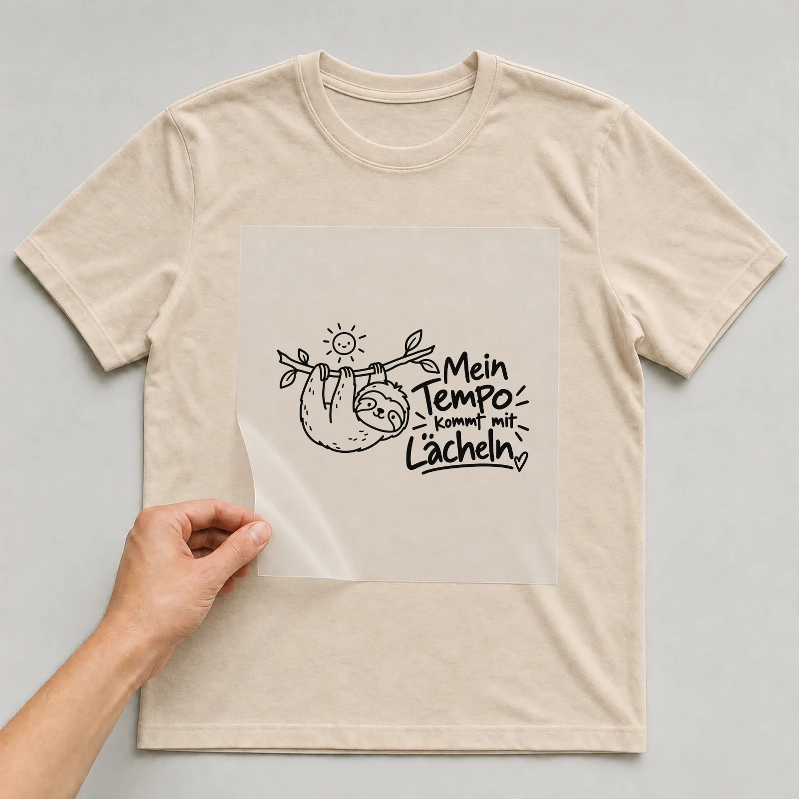 Bügelbild „Mein Tempo kommt mit Lächeln“ auf beigem T-Shirt, Folie wird aufgelegt