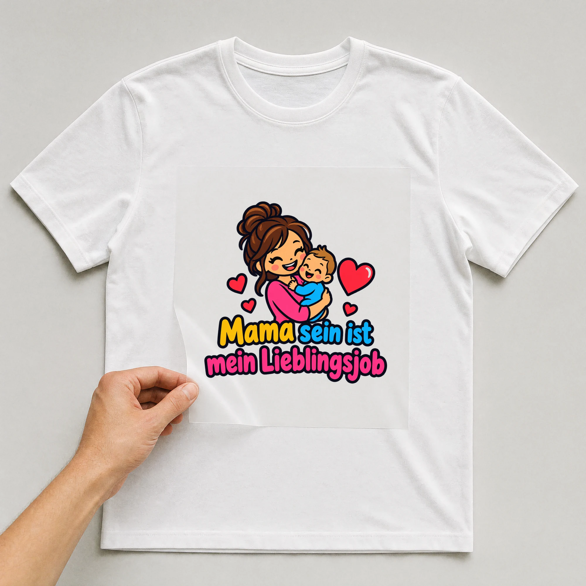 Bügelbild „Mama sein ist mein Lieblingsjob“ auf weißem T-Shirt, Folie wird aufgelegt