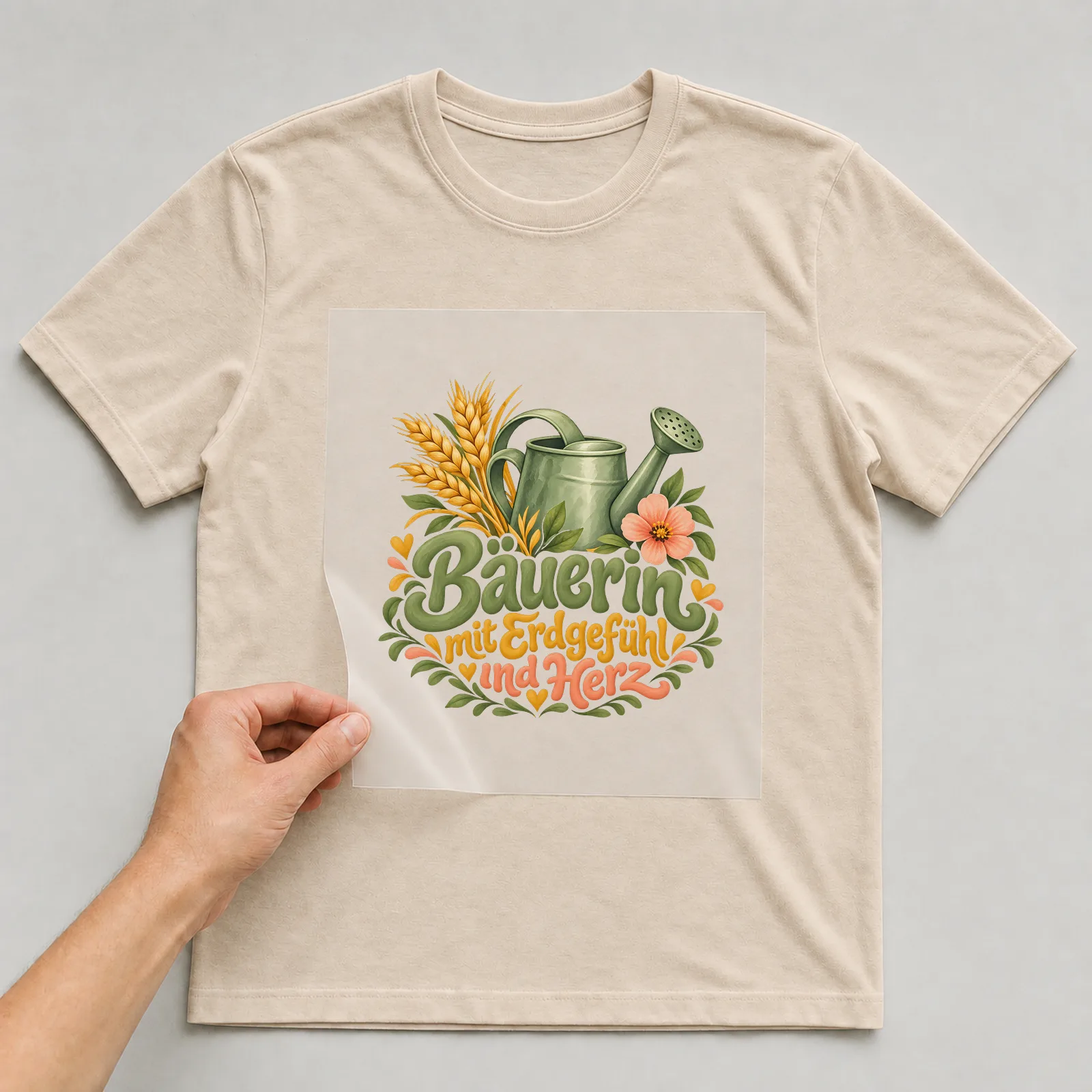 Bügelbild „Bäuerin mit Erdgefühl und Herz“ auf beigem T-Shirt, Folie wird aufgelegt