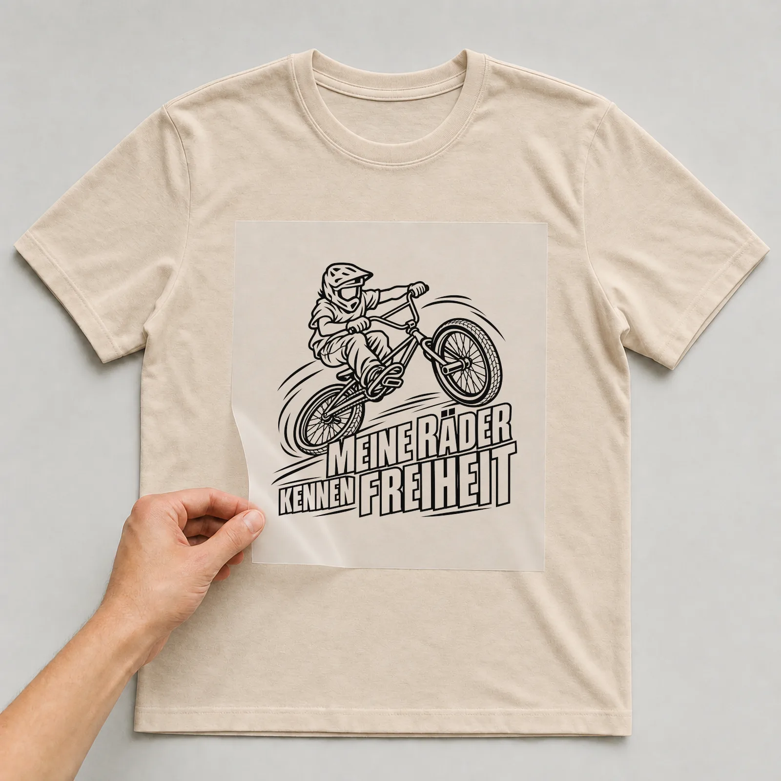 Bügelbild „Meine Räder kennen Freiheit“ auf beigem T-Shirt, Folie wird aufgelegt