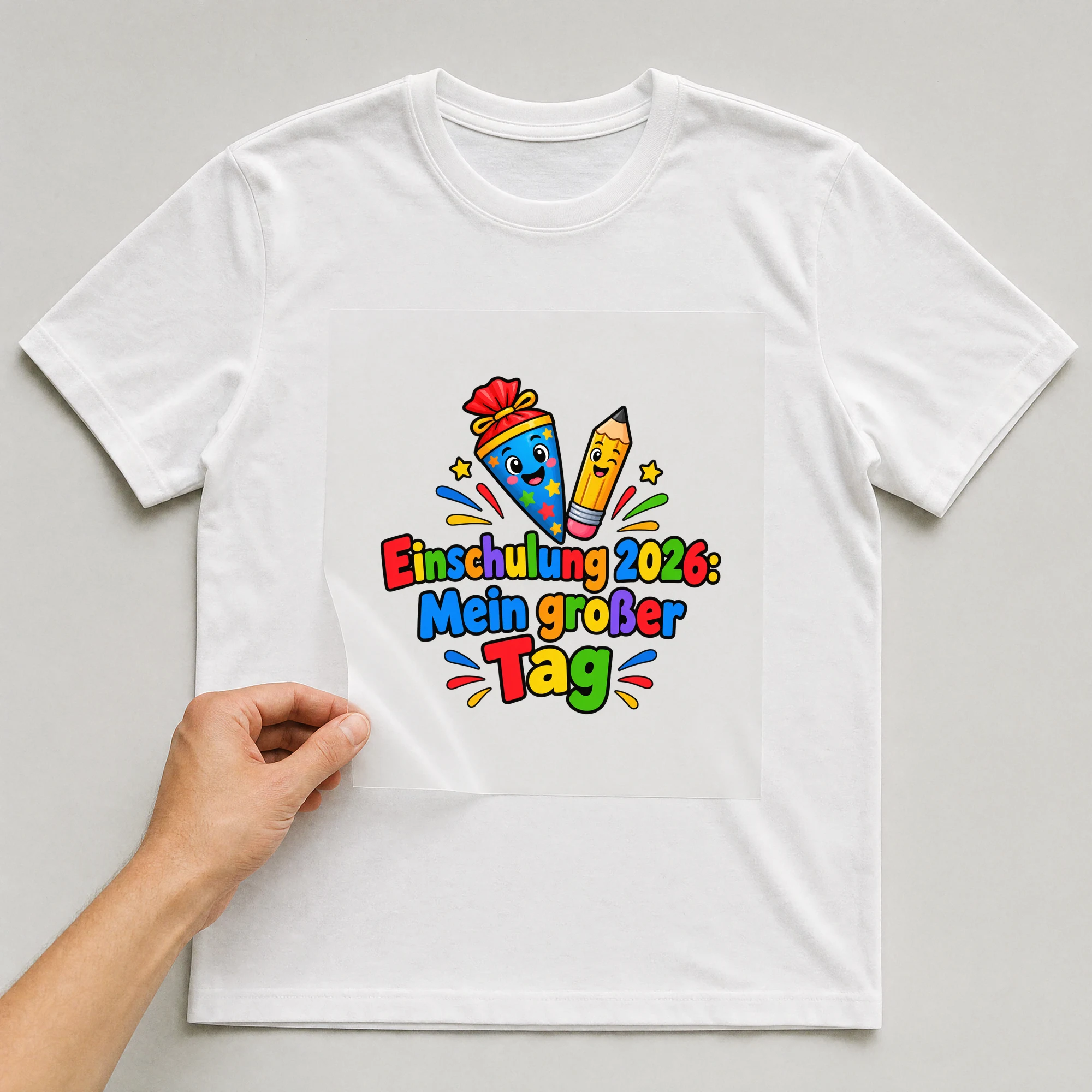 Bügelbild „Einschulung 2026: Mein großer Tag“ auf weißem T-Shirt, Folie wird aufgelegt