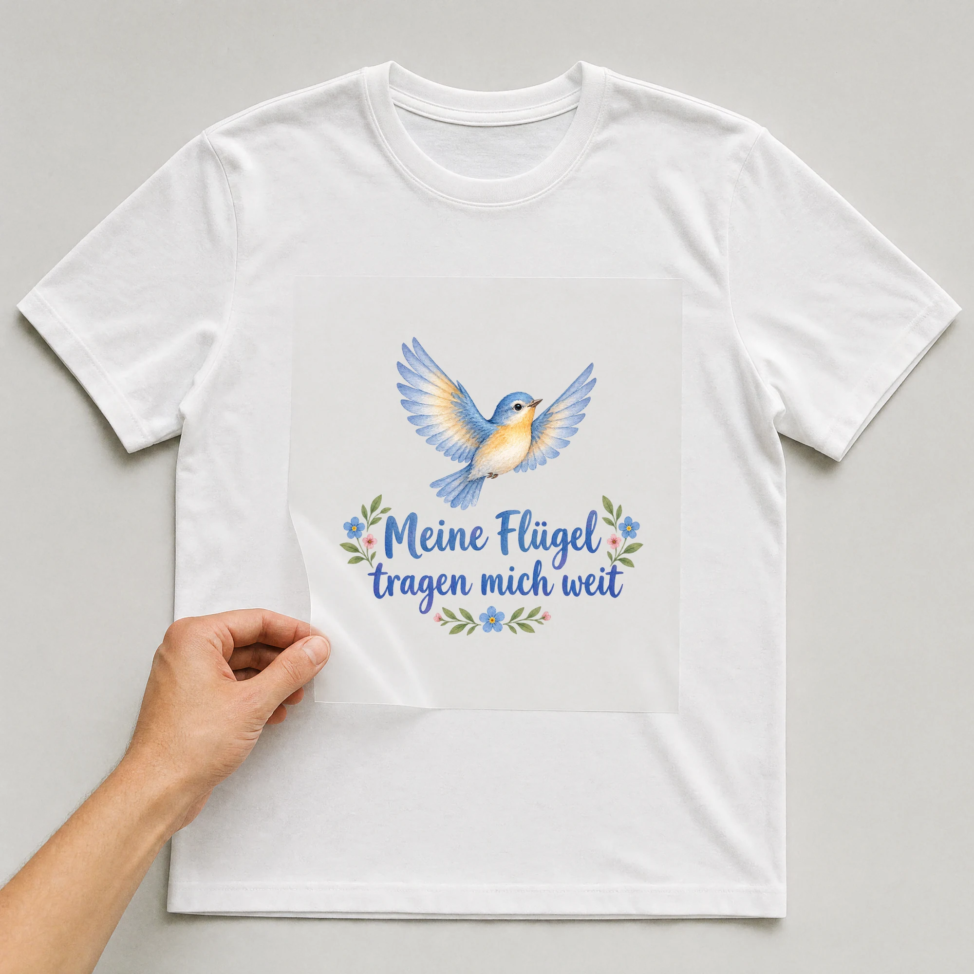 Bügelbild „Meine Flügel tragen mich weit“ auf weißem T-Shirt, Folie wird aufgelegt