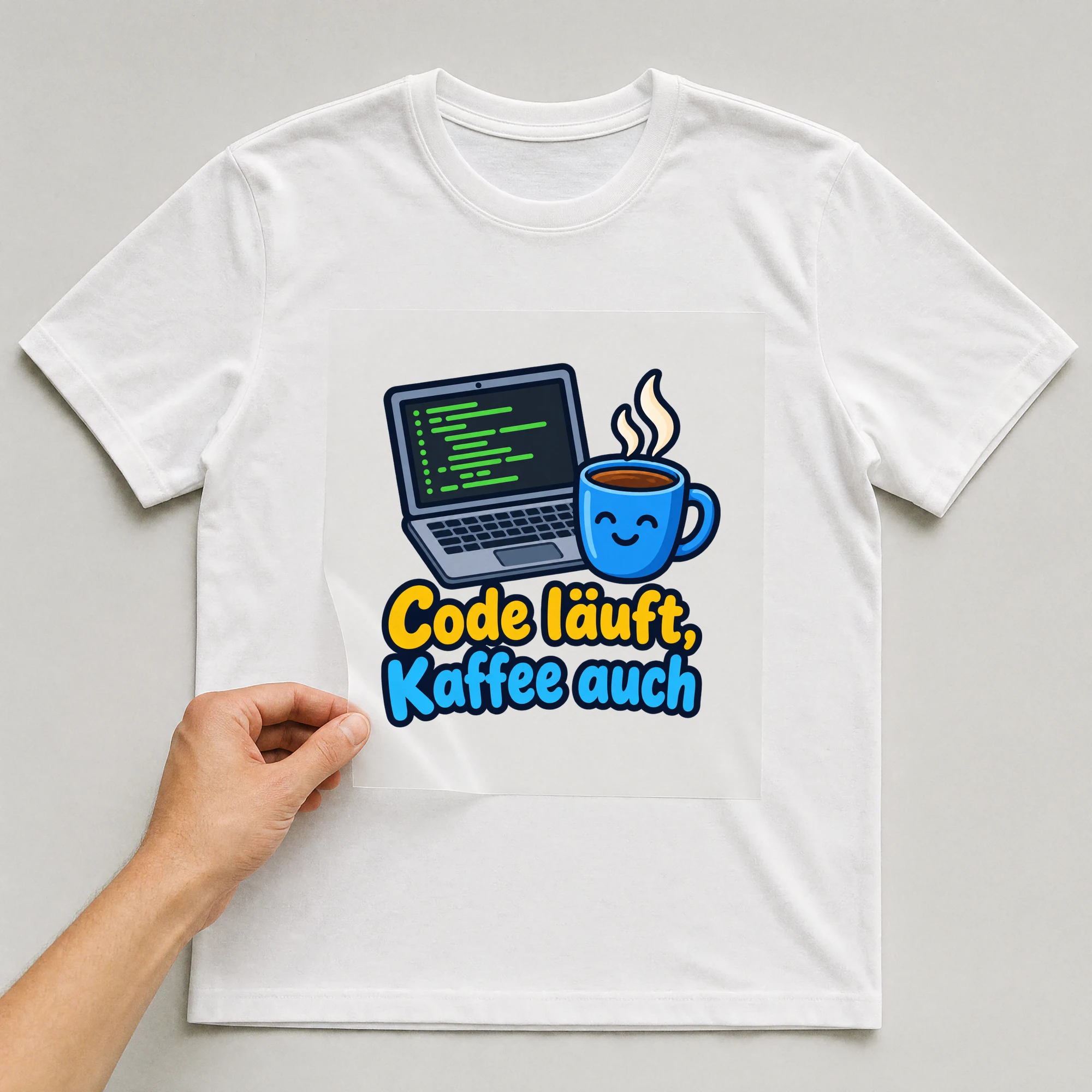 Bügelbild „Code läuft, Kaffee auch“ auf weißem T-Shirt, Folie wird aufgelegt