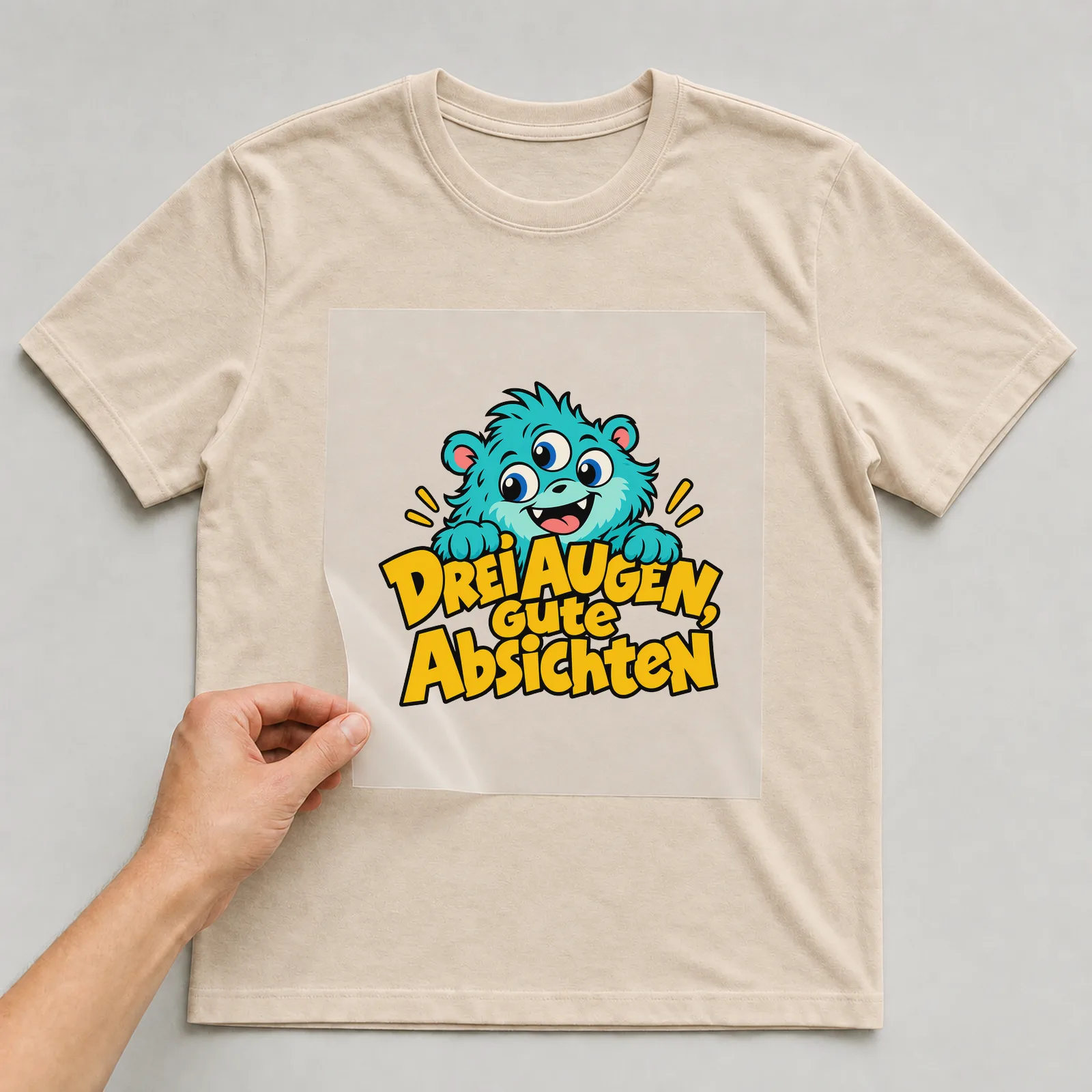 Bügelbild „Drei Augen, gute Absichten“ auf beigem T-Shirt, Folie wird aufgelegt