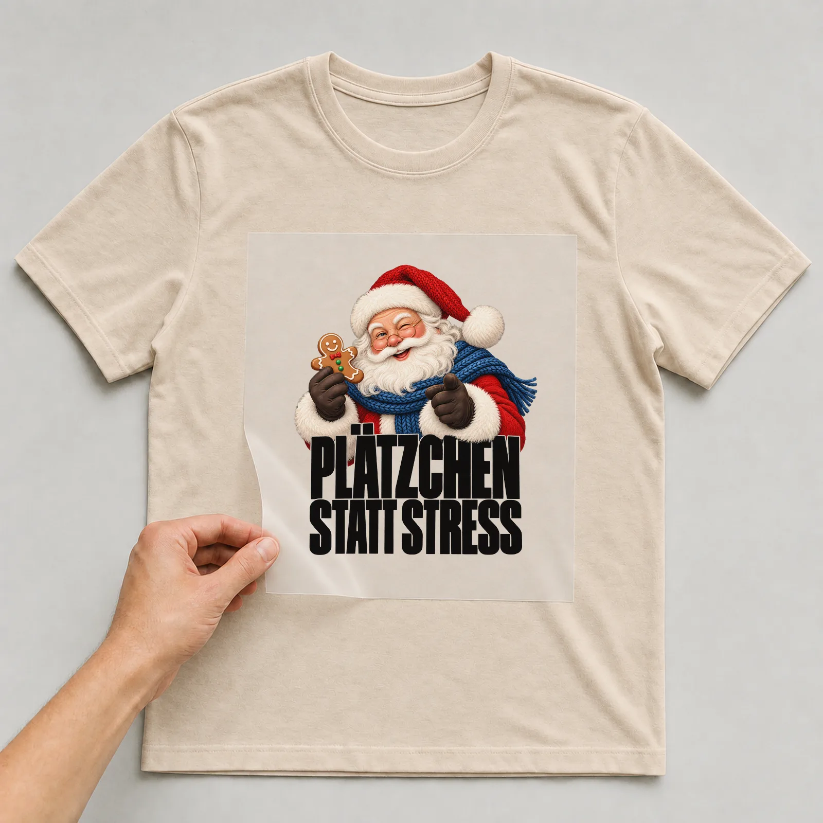 Bügelbild „Plätzchen statt Stress“ auf beigem T-Shirt, Folie wird aufgelegt