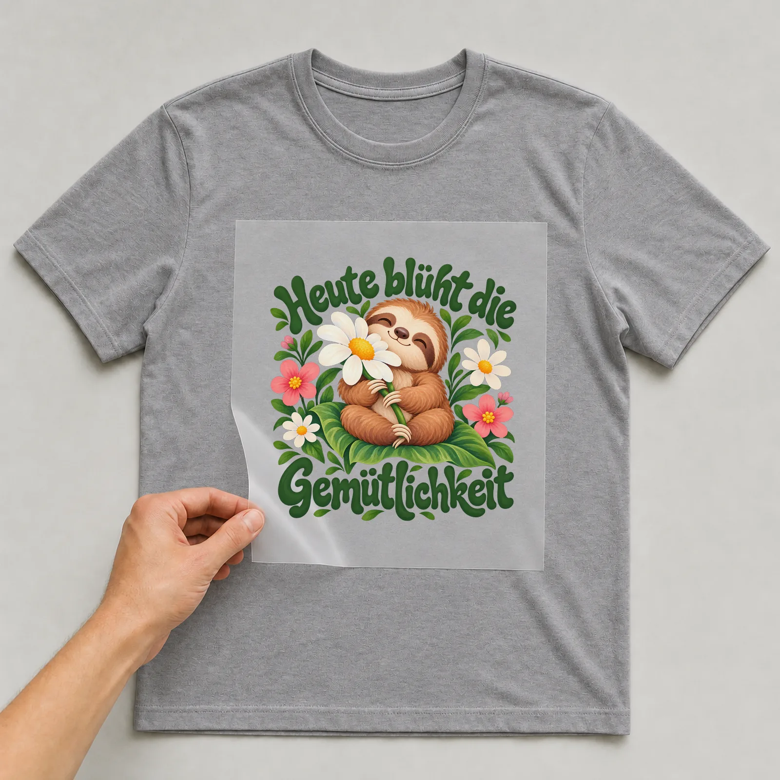 Bügelbild „Heute blüht die Gemütlichkeit“ auf grauem T-Shirt, Folie wird aufgelegt