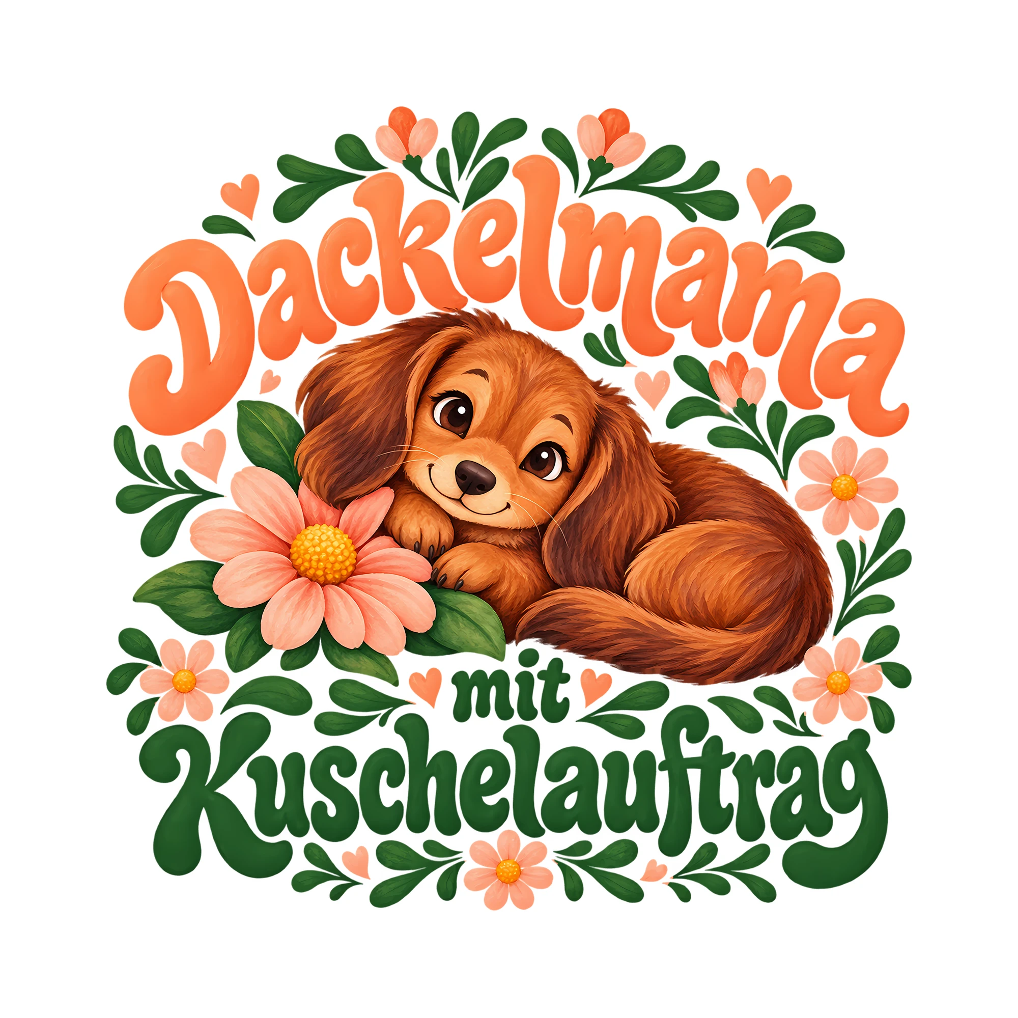 Bügelbild Dackelmama mit Kuschelauftrag als Grafik auf weißem Hintergrund (BB013162)
