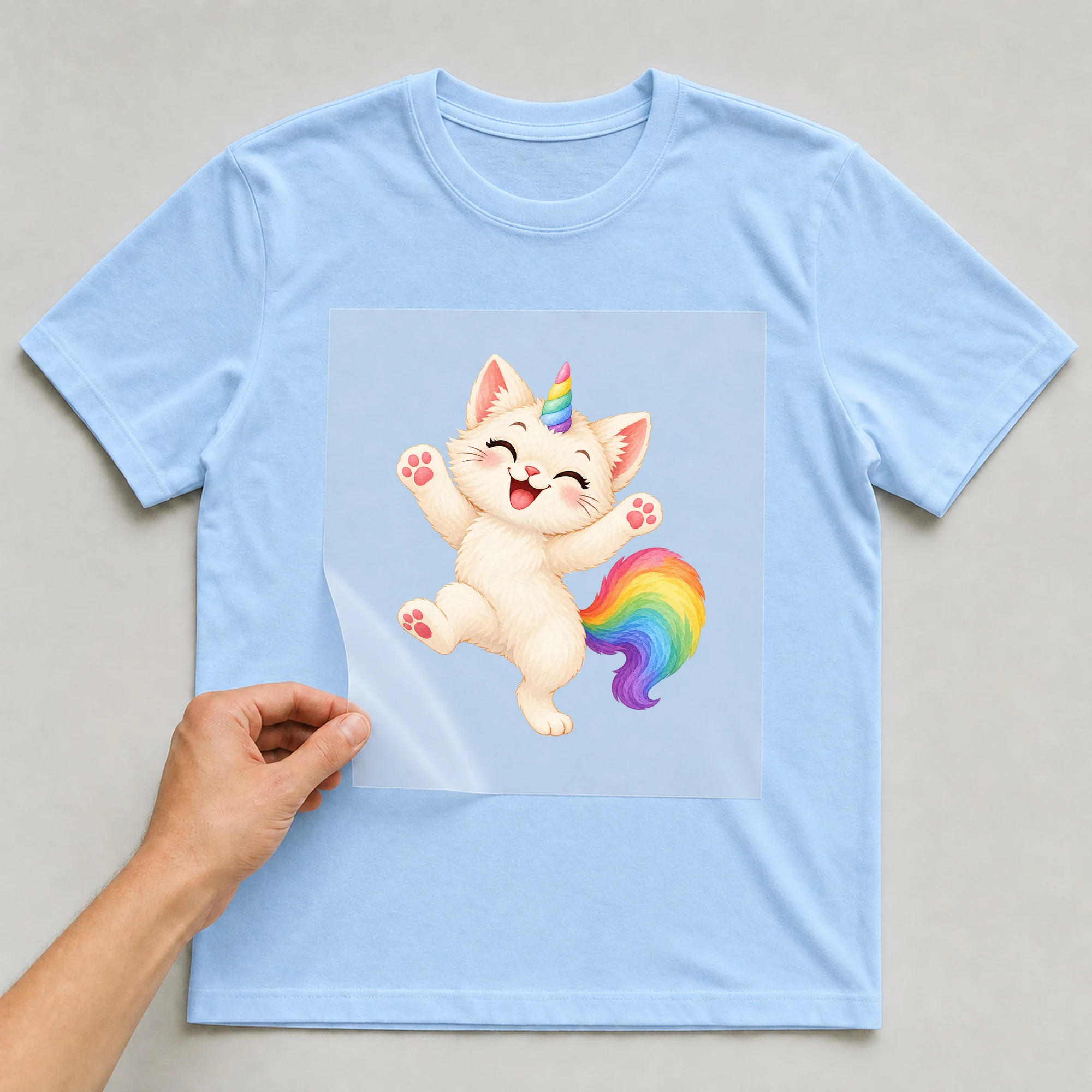 Bügelbild „Tanzende Einhorn Katze“ auf babyblauem T-Shirt, Folie wird aufgelegt