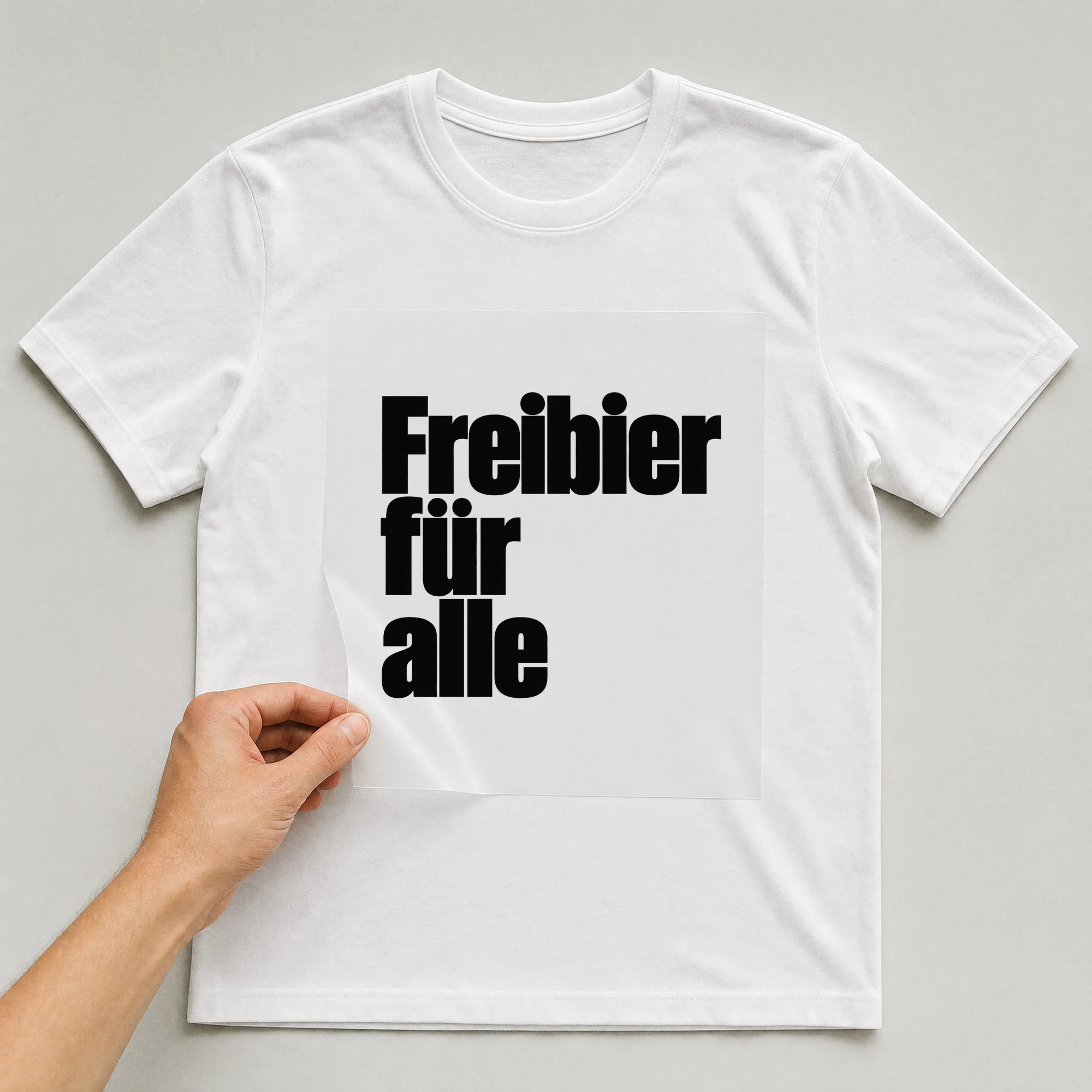 Bügelbild „Freibier für alle“ auf weißem T-Shirt, Folie wird aufgelegt