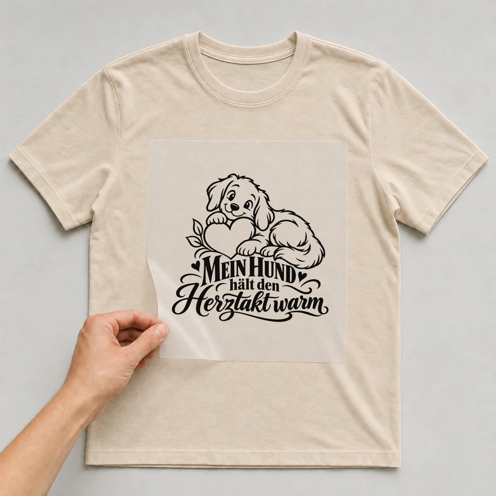 Bügelbild „Mein Hund hält den Herztakt warm“ auf beigem T-Shirt, Folie wird aufgelegt