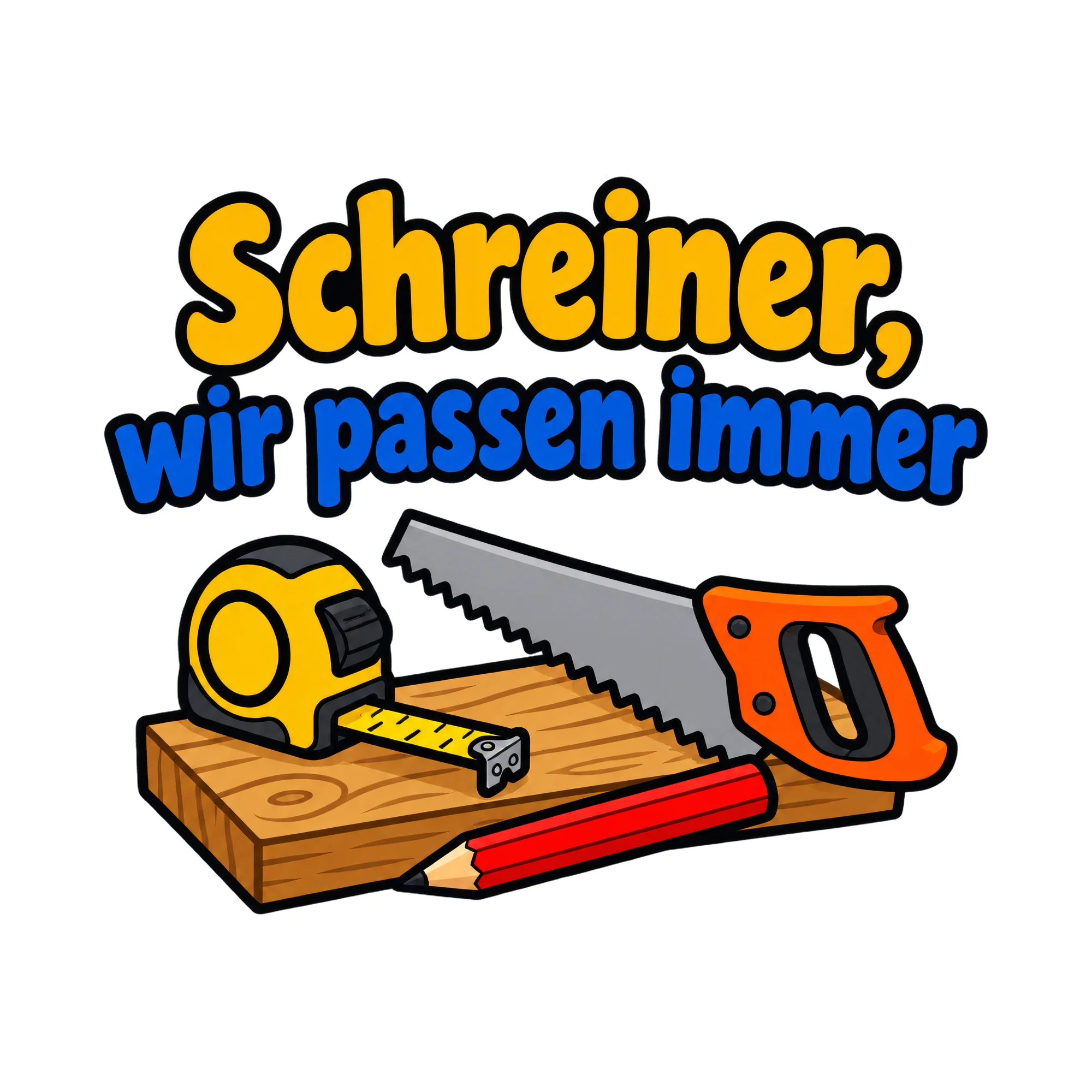 Bügelbild Schreiner, wir passen immer, Beruf Shirt Spruch als Grafik auf weißem Hintergrund (BB020201)