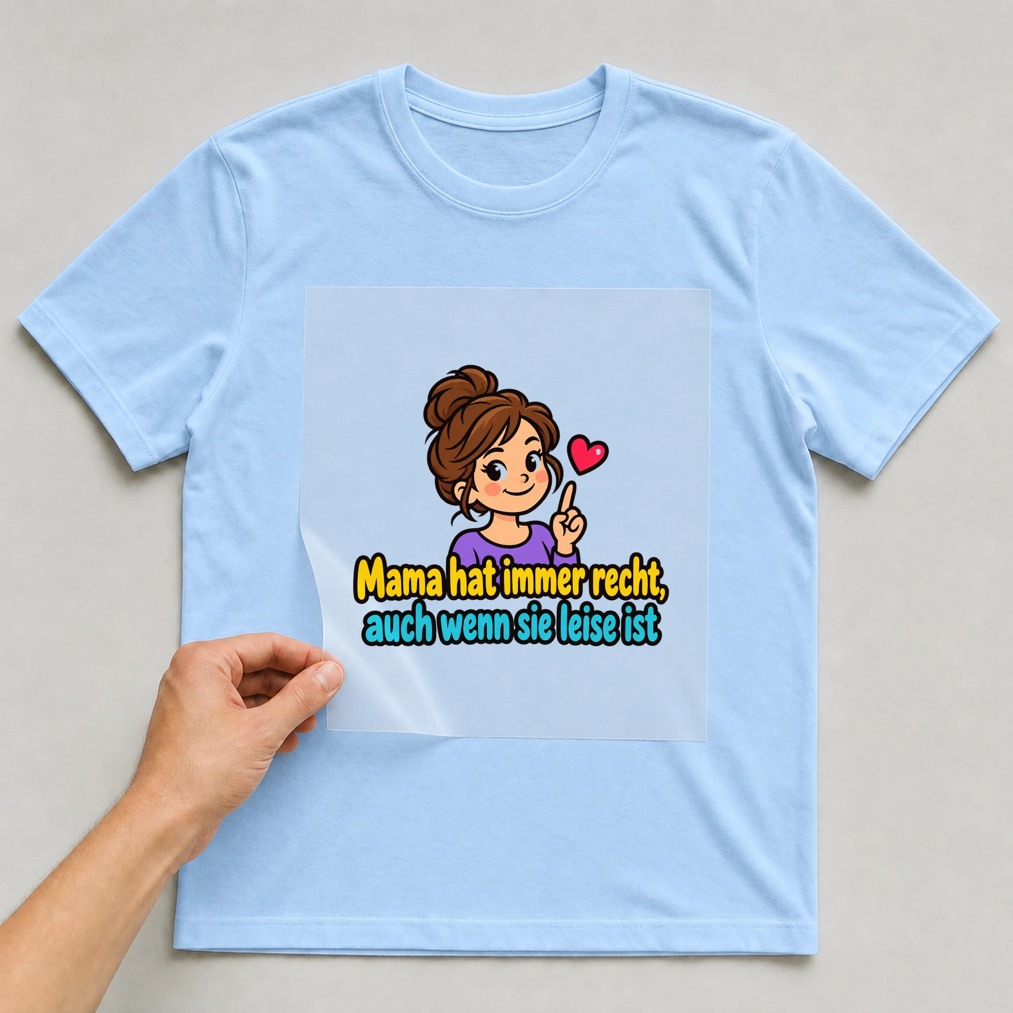 Bügelbild „Mama hat immer recht, auch wenn sie leise ist“ auf babyblauem T-Shirt, Folie wird aufgelegt