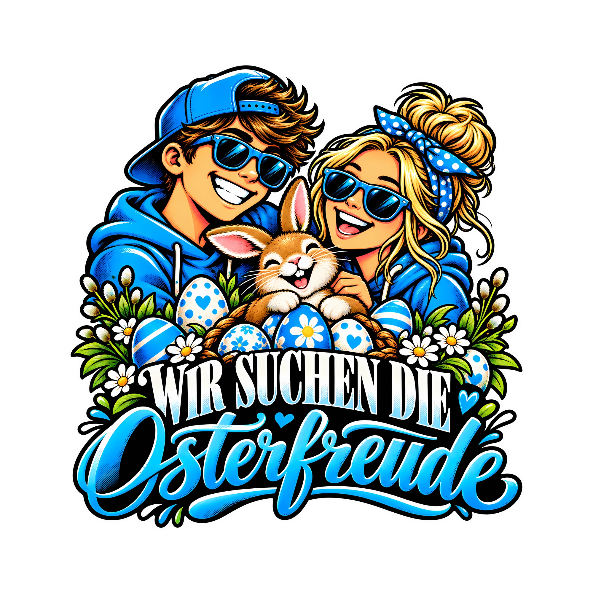 Bügelbild Wir suchen die Osterfreude als Grafik auf weißem Hintergrund (BB013335)