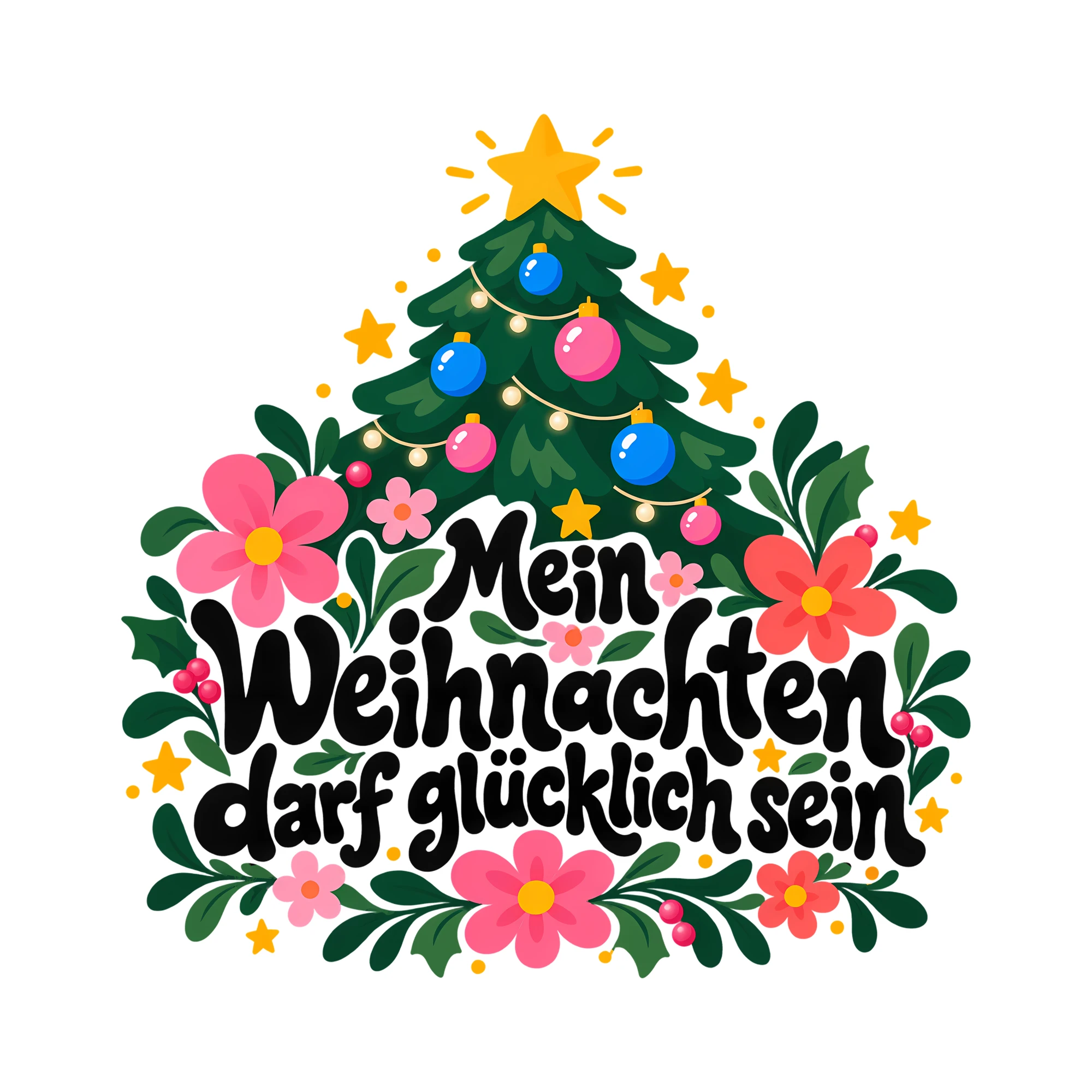 Bügelbild Mein Weihnachten darf glücklich sein als Grafik auf weißem Hintergrund (BB013930)