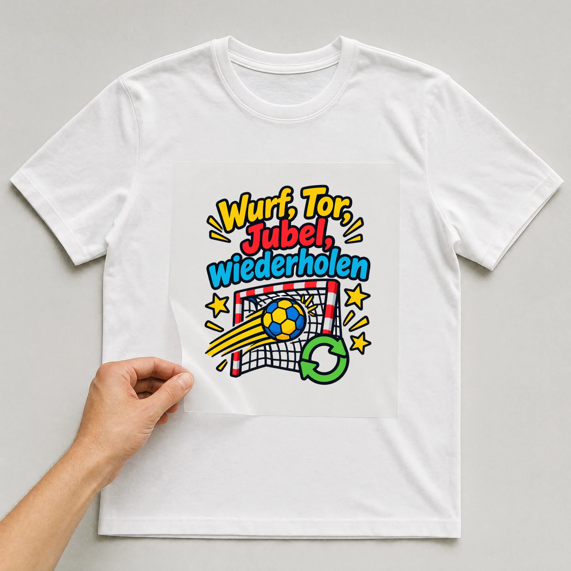 Bügelbild „Wurf, Tor, Jubel, wiederholen“ auf weißem T-Shirt, Folie wird aufgelegt