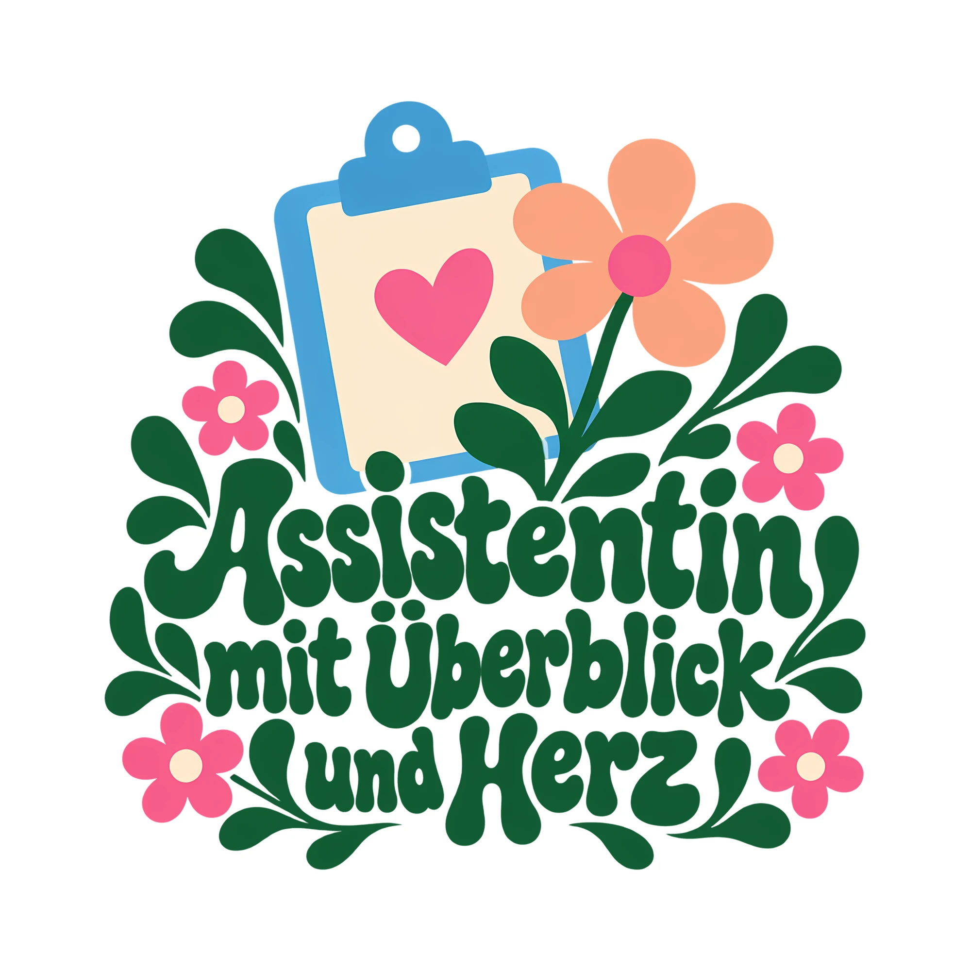 Bügelbild Assistentin mit Überblick und Herz als Grafik auf weißem Hintergrund (BB013473)