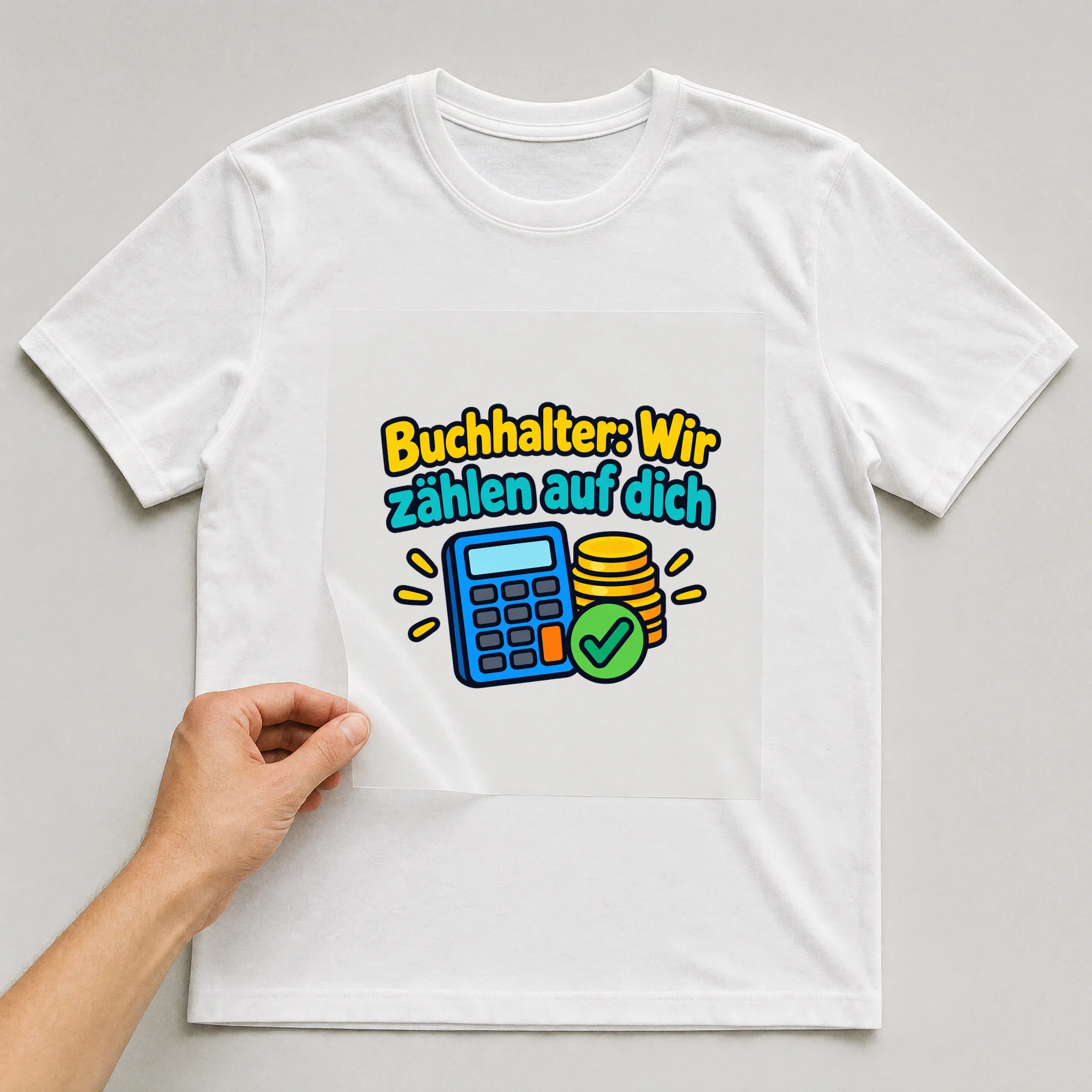 Bügelbild „Buchhalter: Wir zählen auf dich“ auf weißem T-Shirt, Folie wird aufgelegt