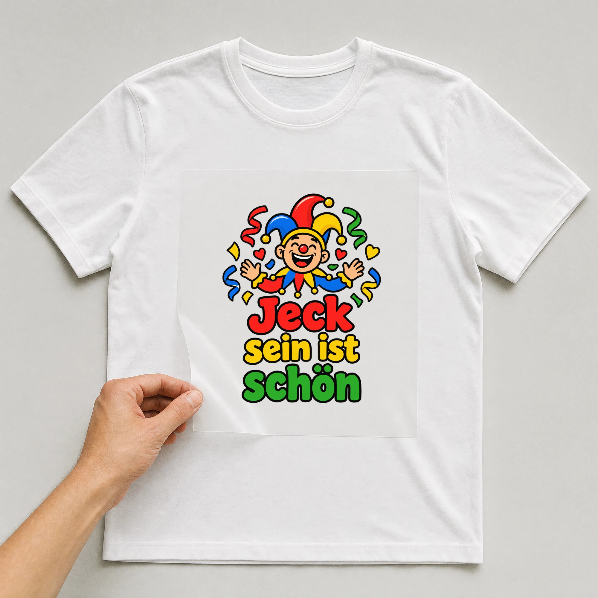 Bügelbild „Jeck sein ist schön“ auf weißem T-Shirt, Folie wird aufgelegt