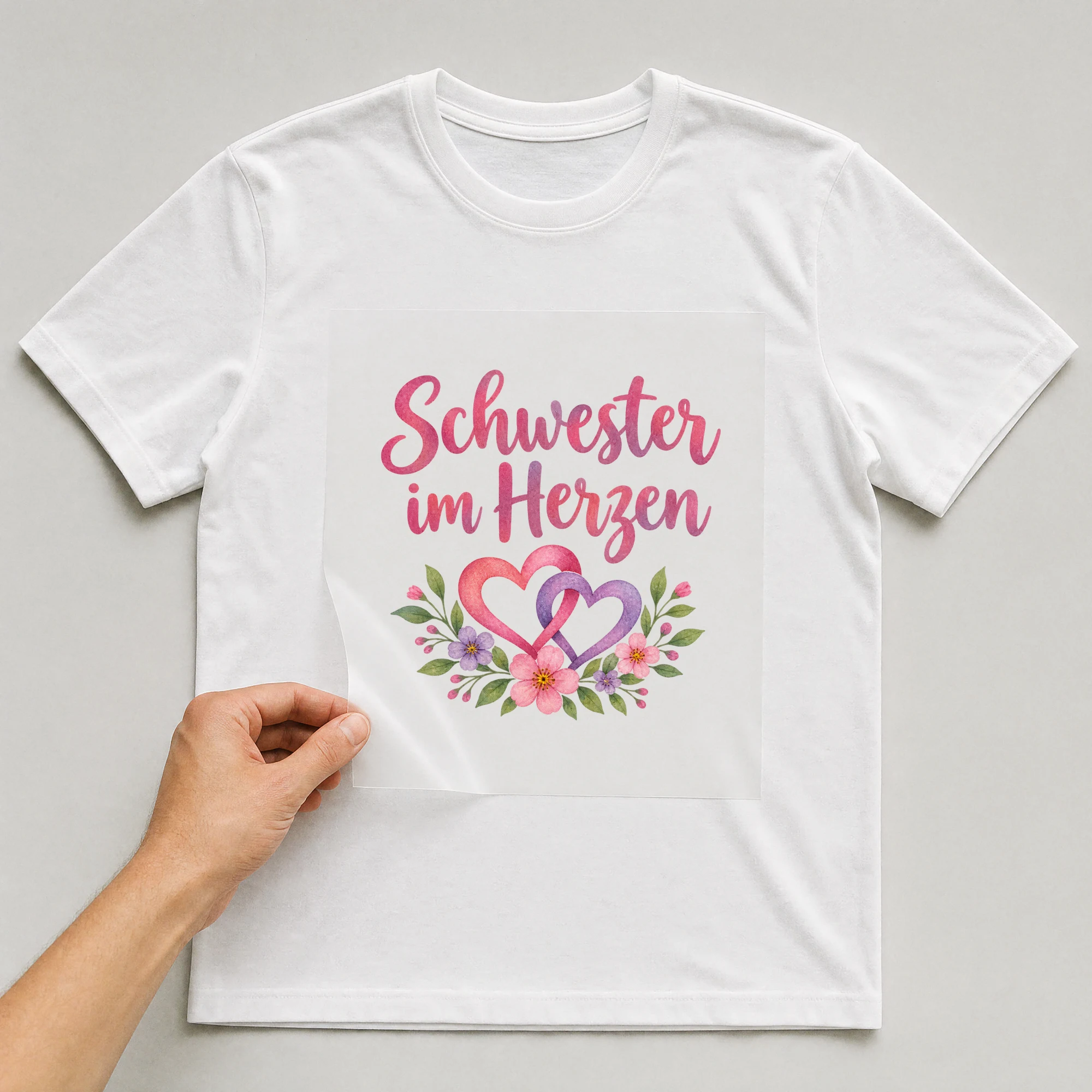 Bügelbild „Schwester im Herzen“ auf weißem T-Shirt, Folie wird aufgelegt