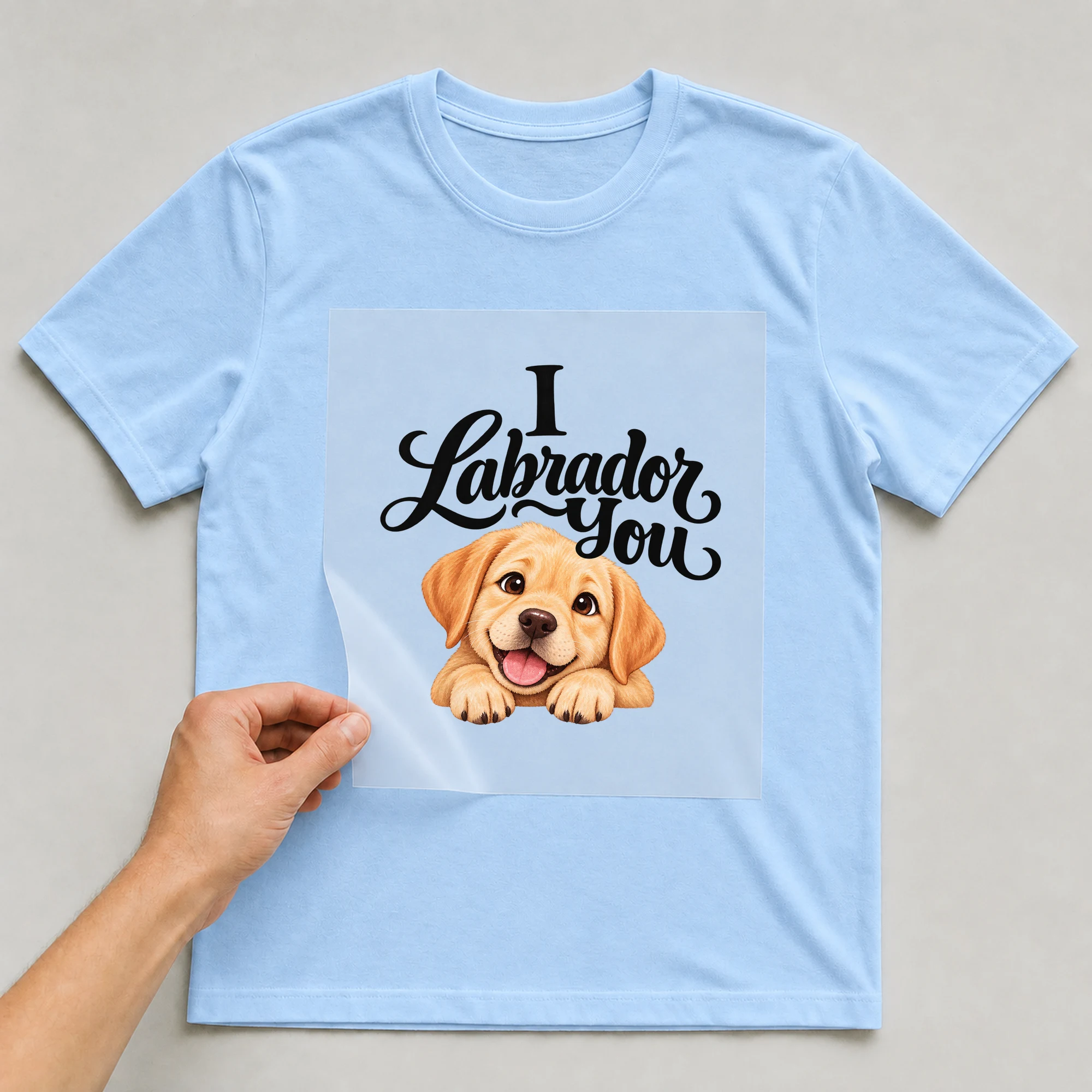 Bügelbild „I Labrador You“ auf babyblauem T-Shirt, Folie wird aufgelegt