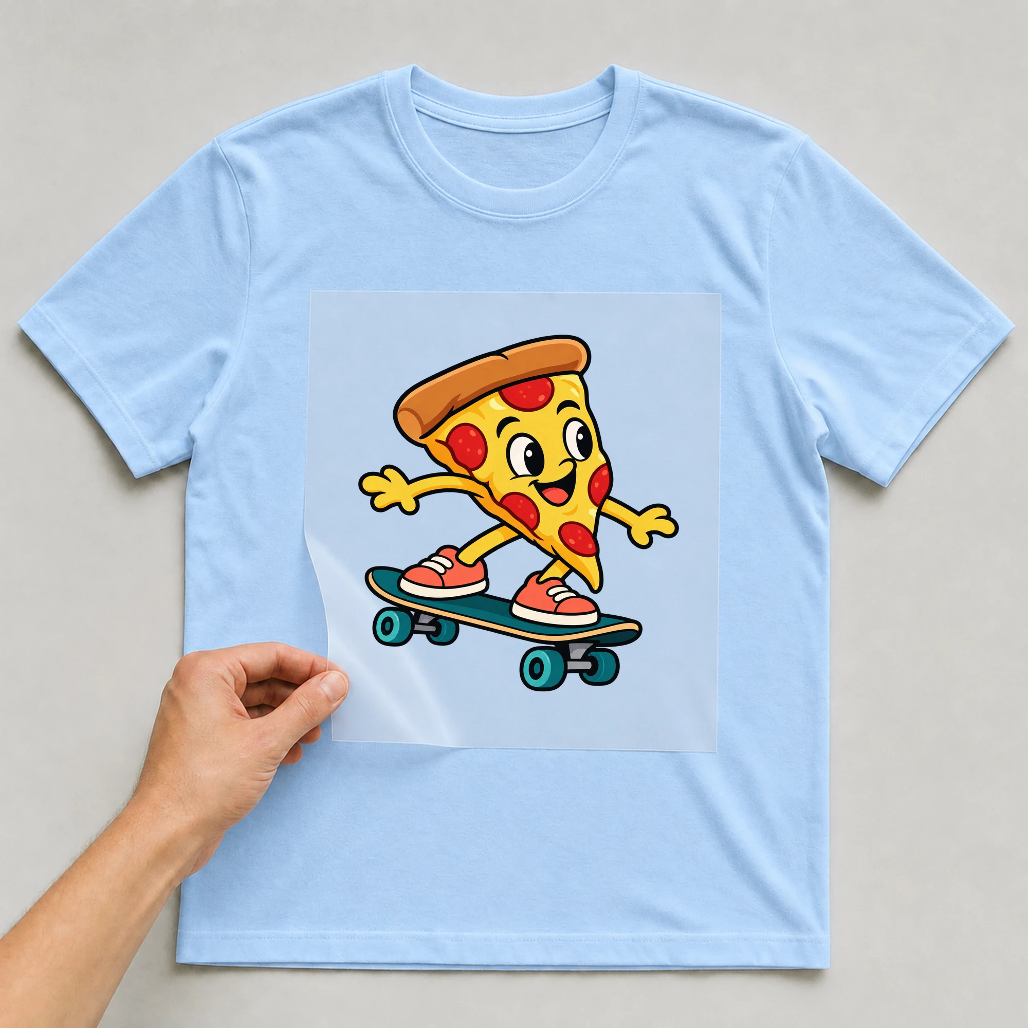 Bügelbild „Pizza Skater“ auf babyblauem T-Shirt, Folie wird aufgelegt