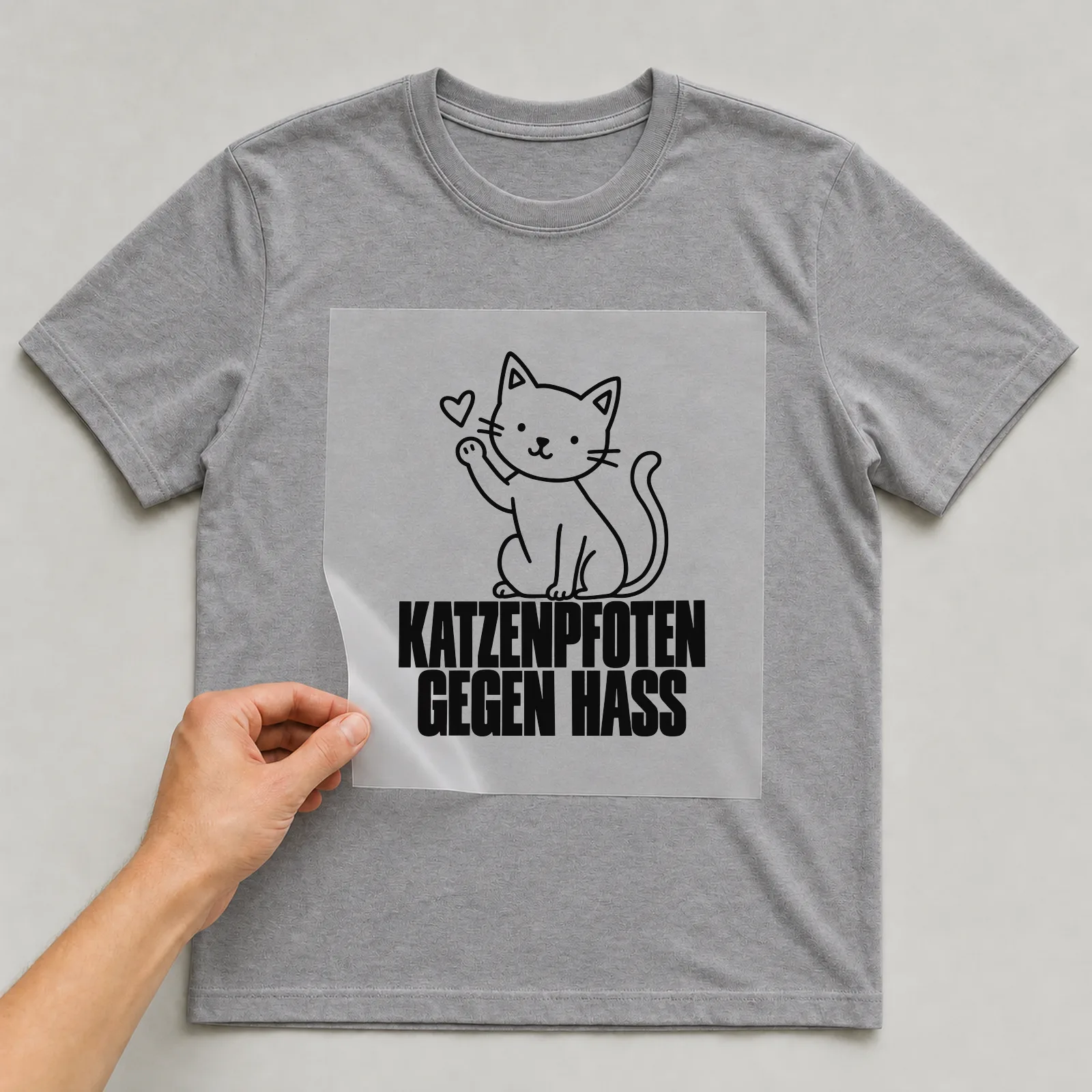 Bügelbild „Katzenpfoten gegen Hass“ auf grauem T-Shirt, Folie wird aufgelegt