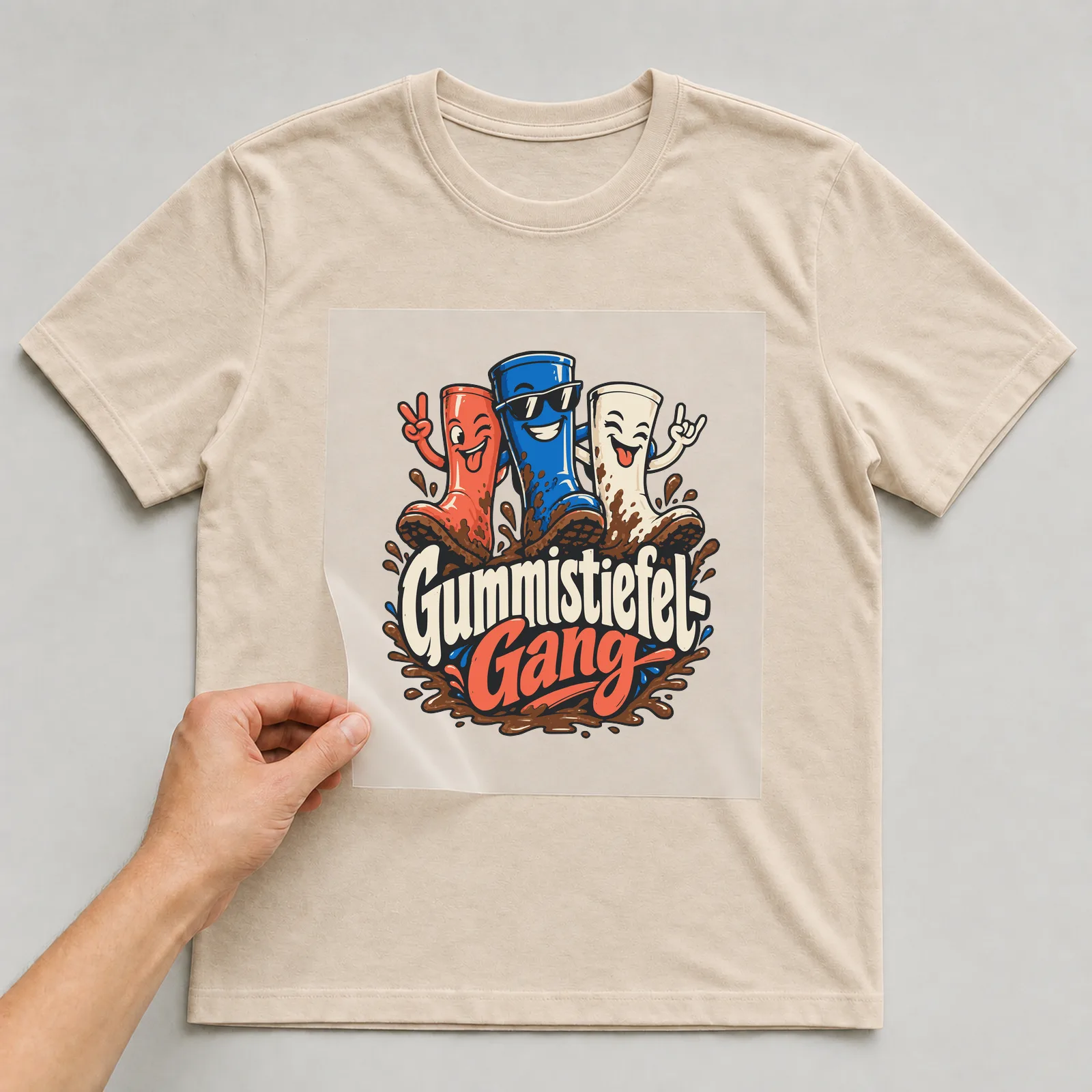 Bügelbild Gummistiefel-Gang auf beigem T-Shirt, Folie wird aufgelegt