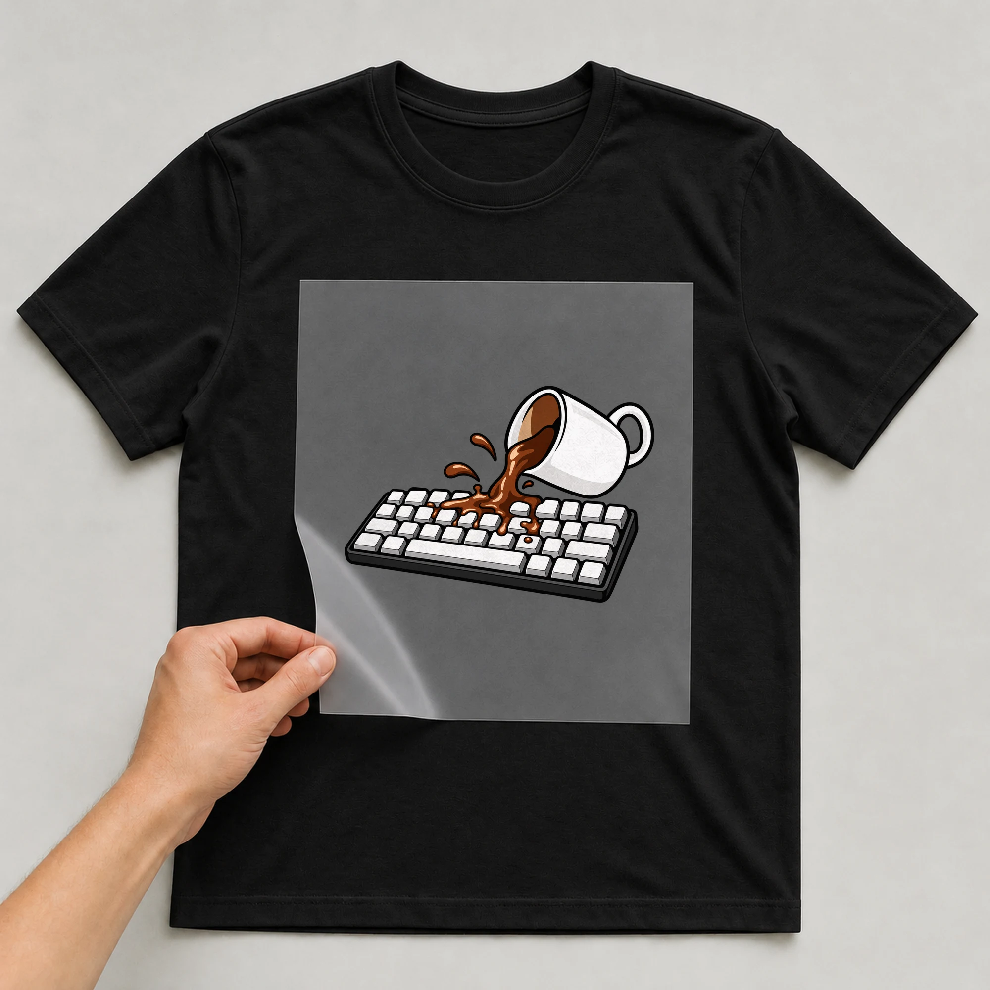 Bügelbild „Kaffee Tastatur“ auf schwarzem T-Shirt, Folie wird aufgelegt