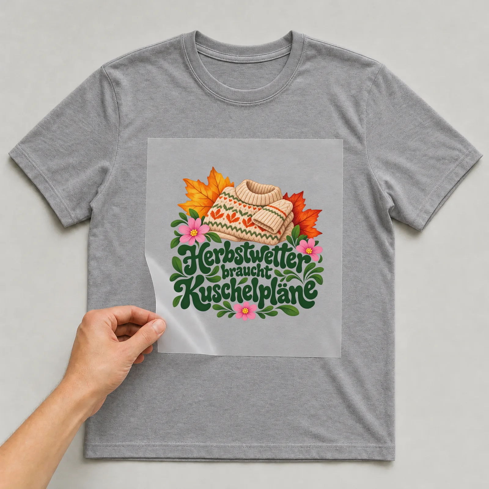 Bügelbild „Herbstwetter braucht Kuschelpläne“ auf grauem T-Shirt, Folie wird aufgelegt