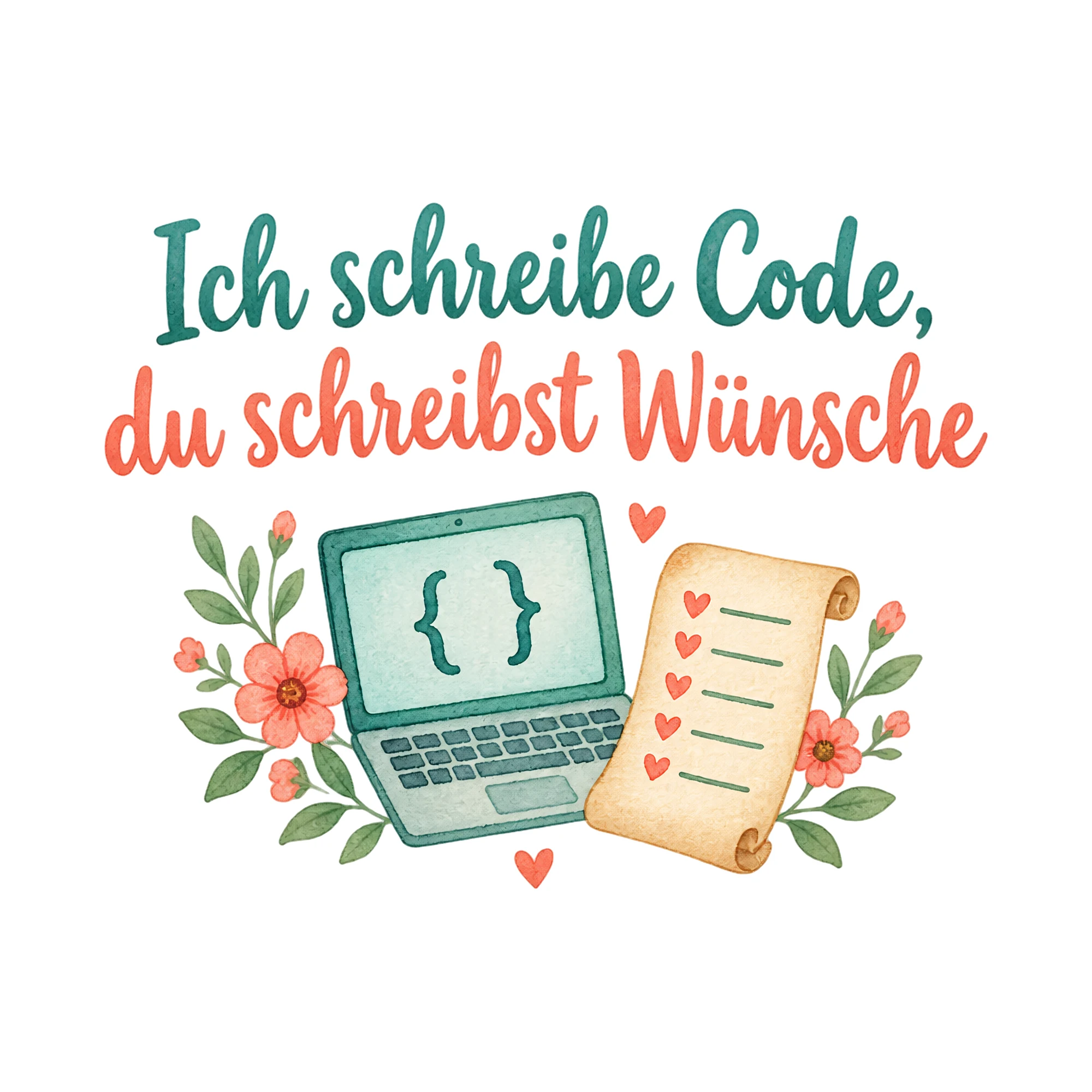 Bügelbild Ich schreibe Code, du schreibst Wünsche als Grafik auf weißem Hintergrund (BB020354)