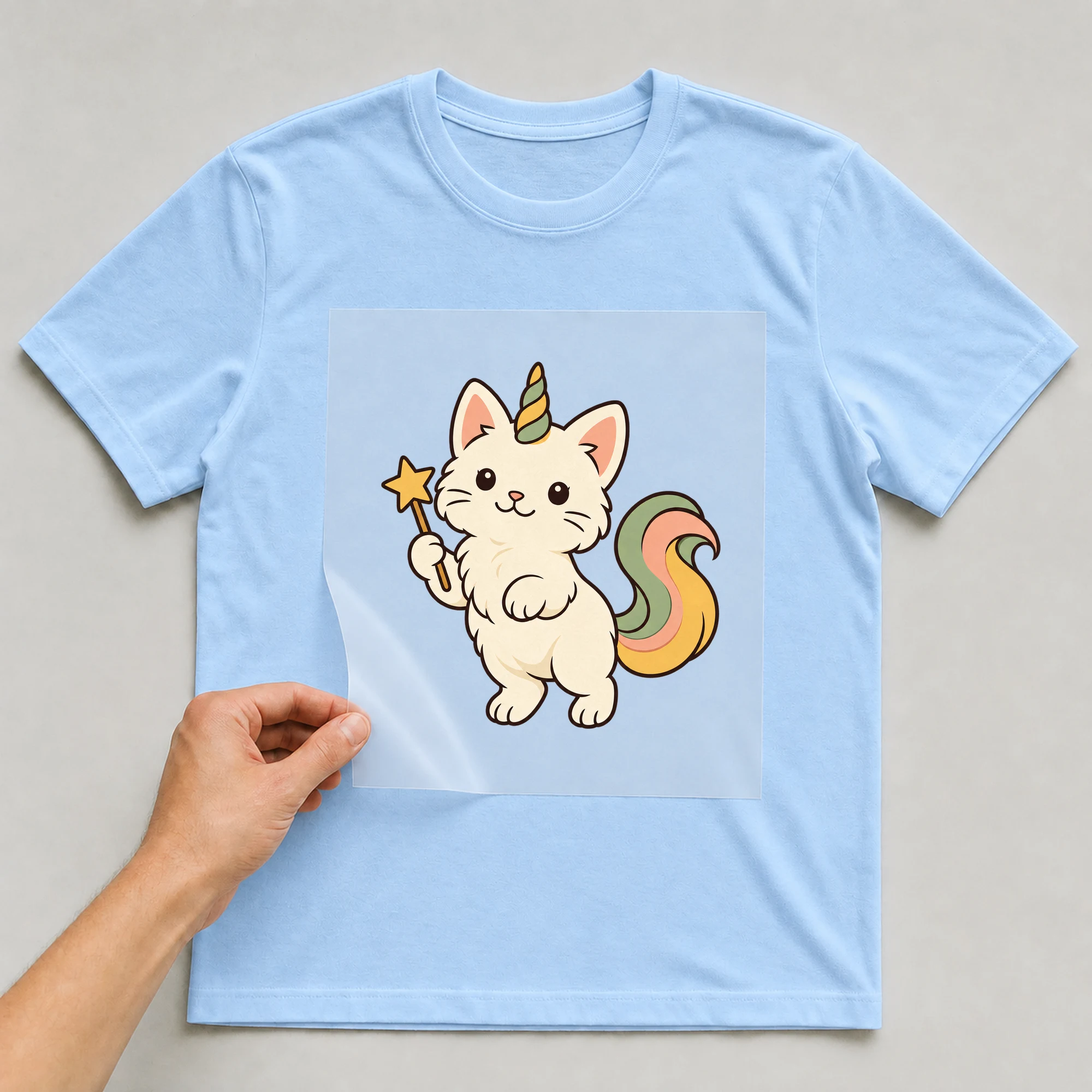 Bügelbild „Zaubernde Einhorn Katze“ auf babyblauem T-Shirt, Folie wird aufgelegt