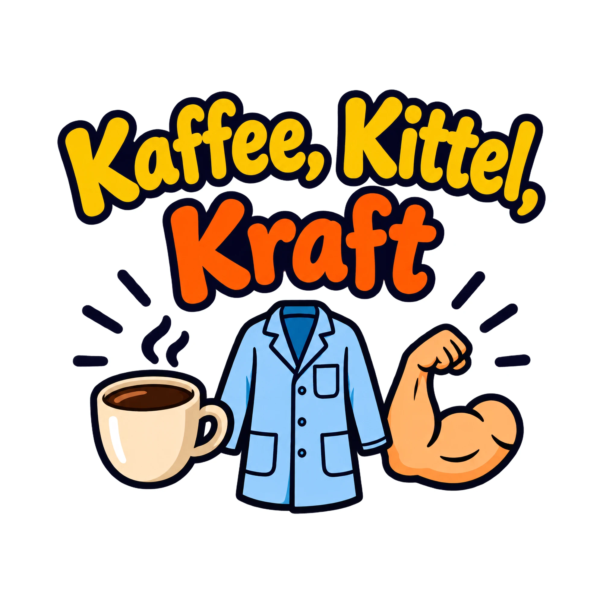 Bügelbild Kaffee, Kittel, Kraft, Beruf Shirt Spruch als Grafik auf weißem Hintergrund (BB020215)