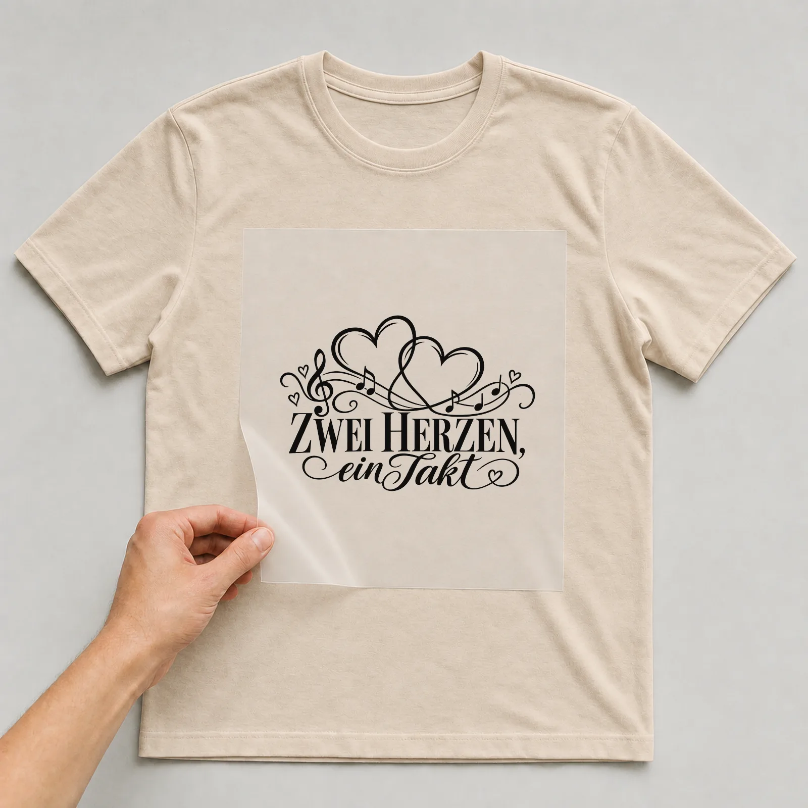 Bügelbild „Zwei Herzen, ein Takt“ auf beigem T-Shirt, Folie wird aufgelegt