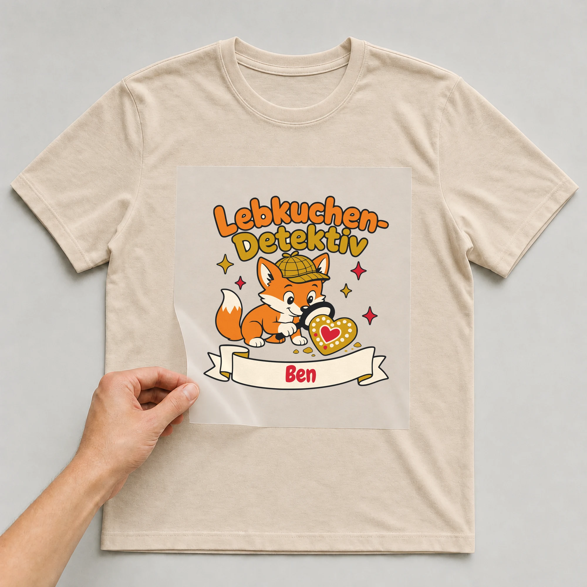 Bügelbild Lebkuchen-Detektiv mit Name auf beigem T-Shirt, Folie wird aufgelegt