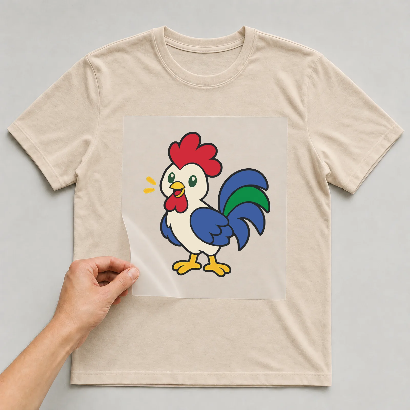 Bügelbild Hahn im Comic-Stil auf beigem T-Shirt, Folie wird aufgelegt