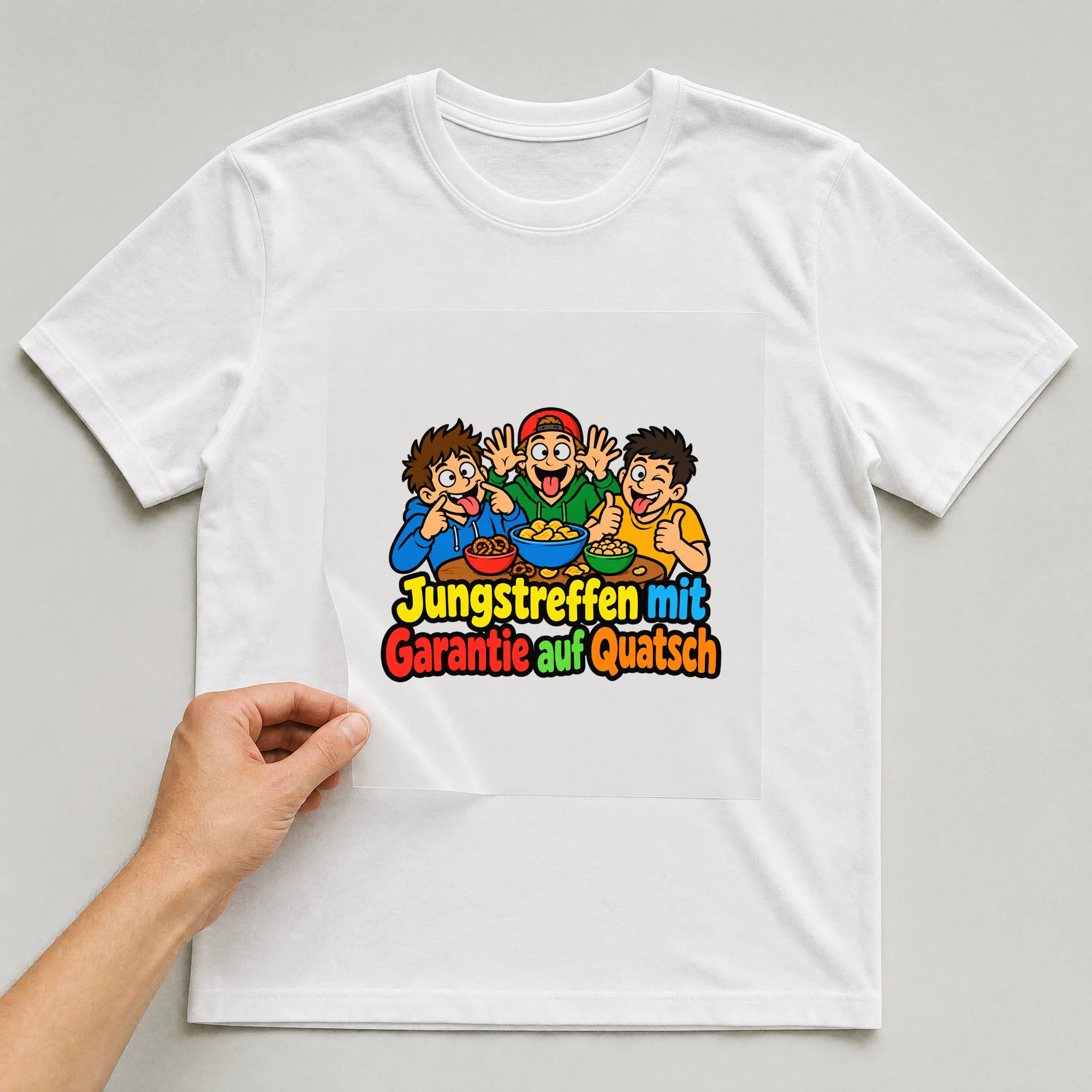 Bügelbild „Jungstreffen mit Garantie auf Quatsch“ auf weißem T-Shirt, Folie wird aufgelegt