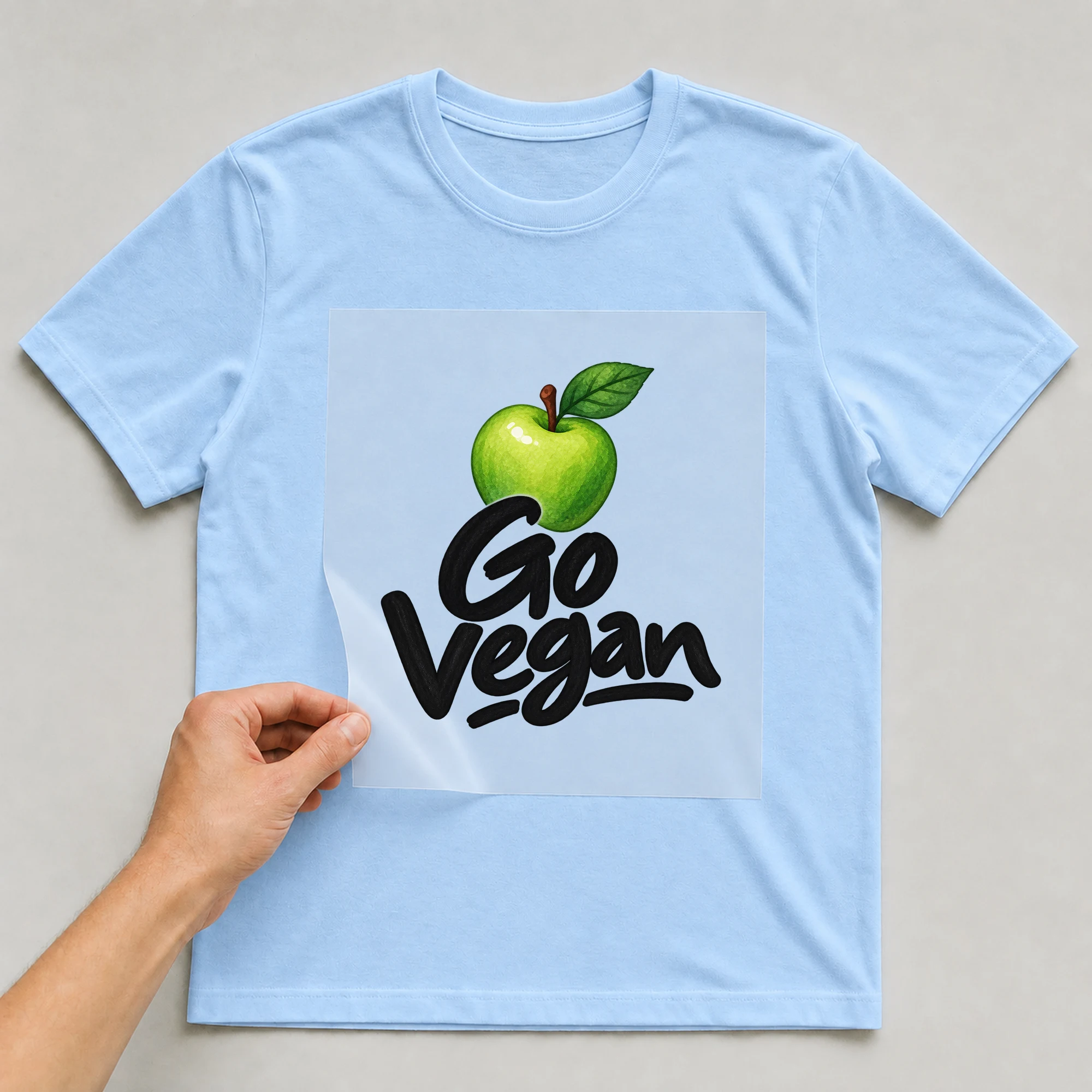 Bügelbild „Go Vegan“ auf babyblauem T-Shirt, Folie wird aufgelegt