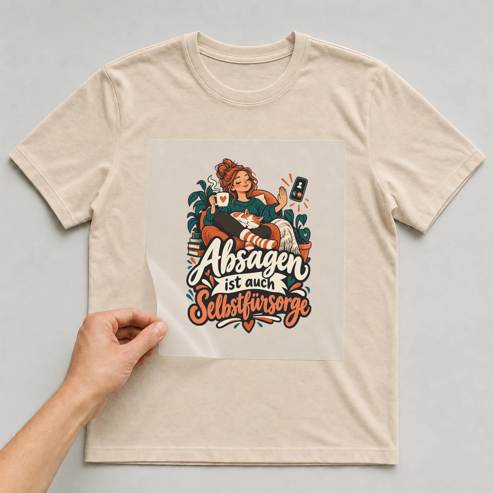Bügelbild Absagen ist auch Selbstfürsorge auf beigem T-Shirt, Folie wird aufgelegt