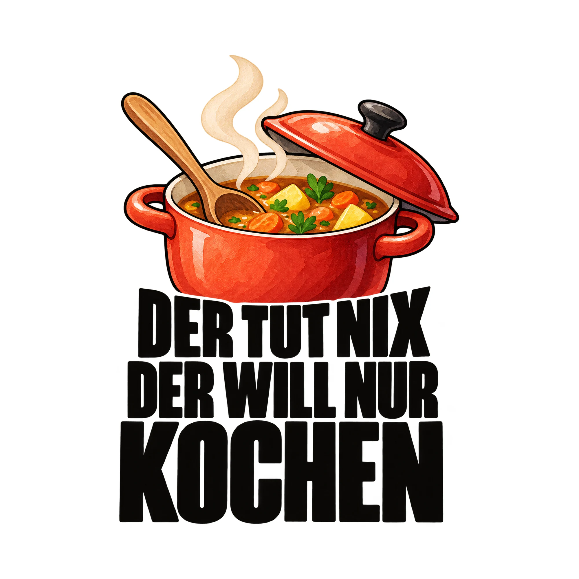 Bügelbild „Der tut nix der will nur kochen“, Küchen Spruch Bügelbild als Grafik auf weißem Hintergrund (BB015079)
