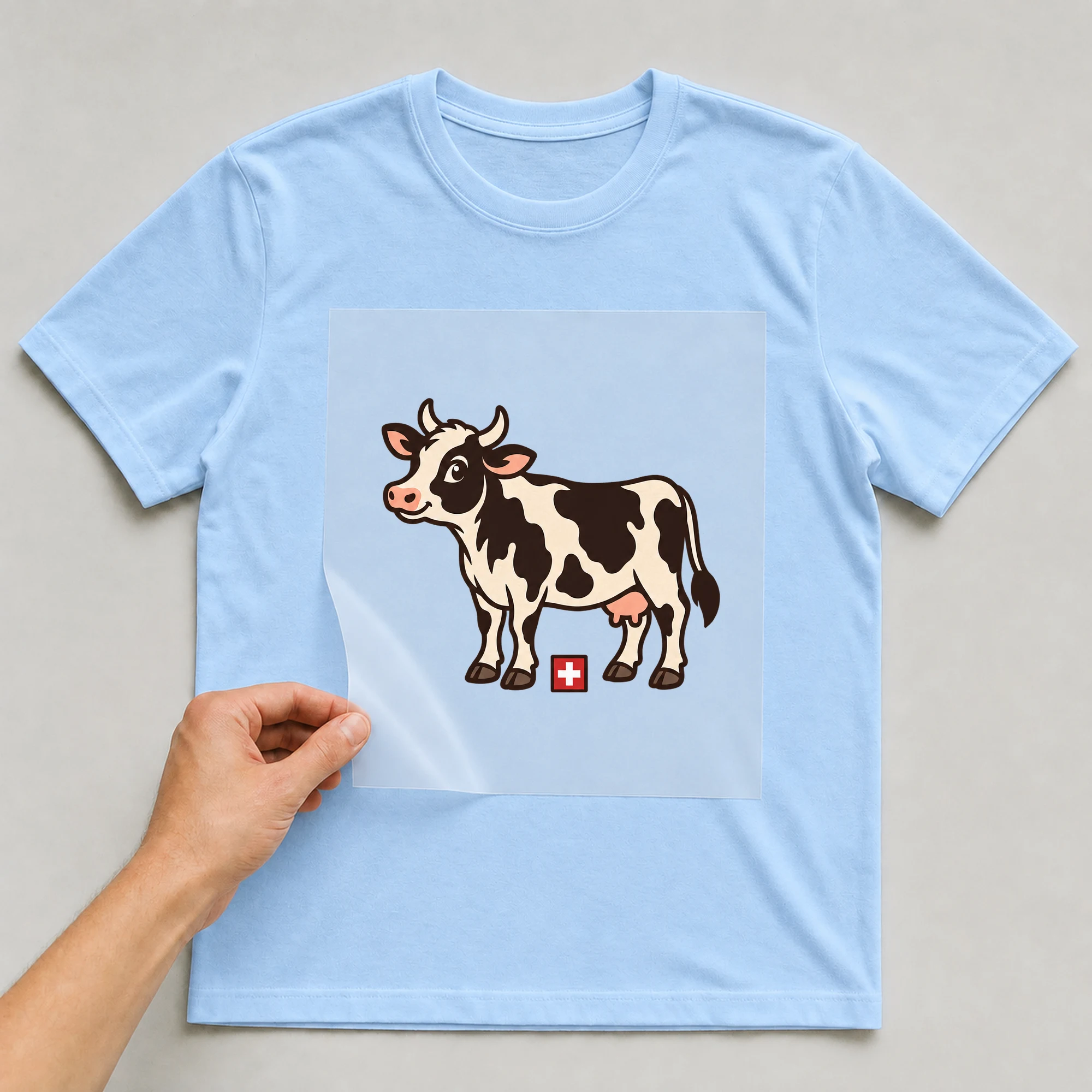 Bügelbild „BB021145-motiv-r03656“ auf babyblauem T-Shirt, Folie wird aufgelegt