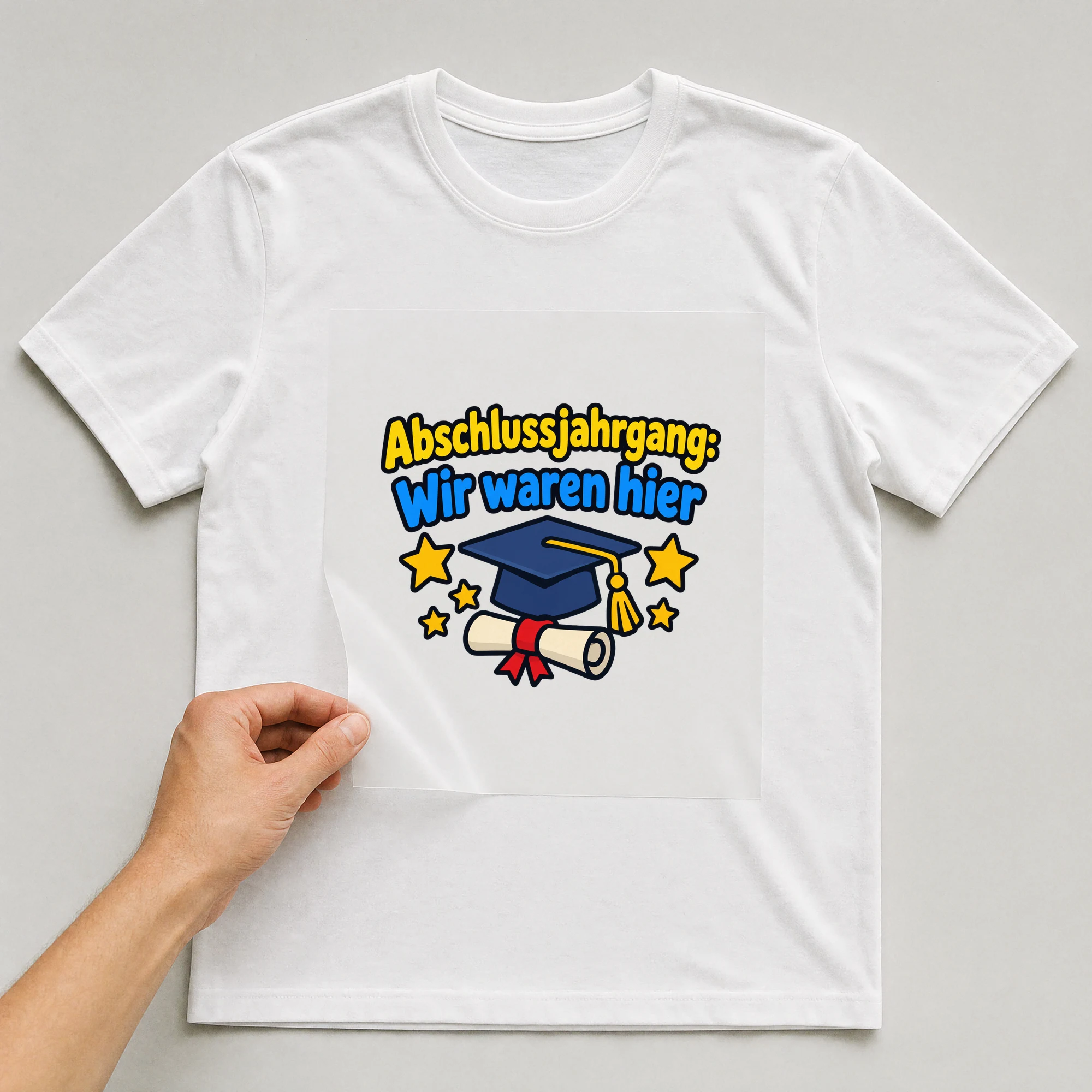 Bügelbild „Abschlussjahrgang: Wir waren hier“ auf weißem T-Shirt, Folie wird aufgelegt